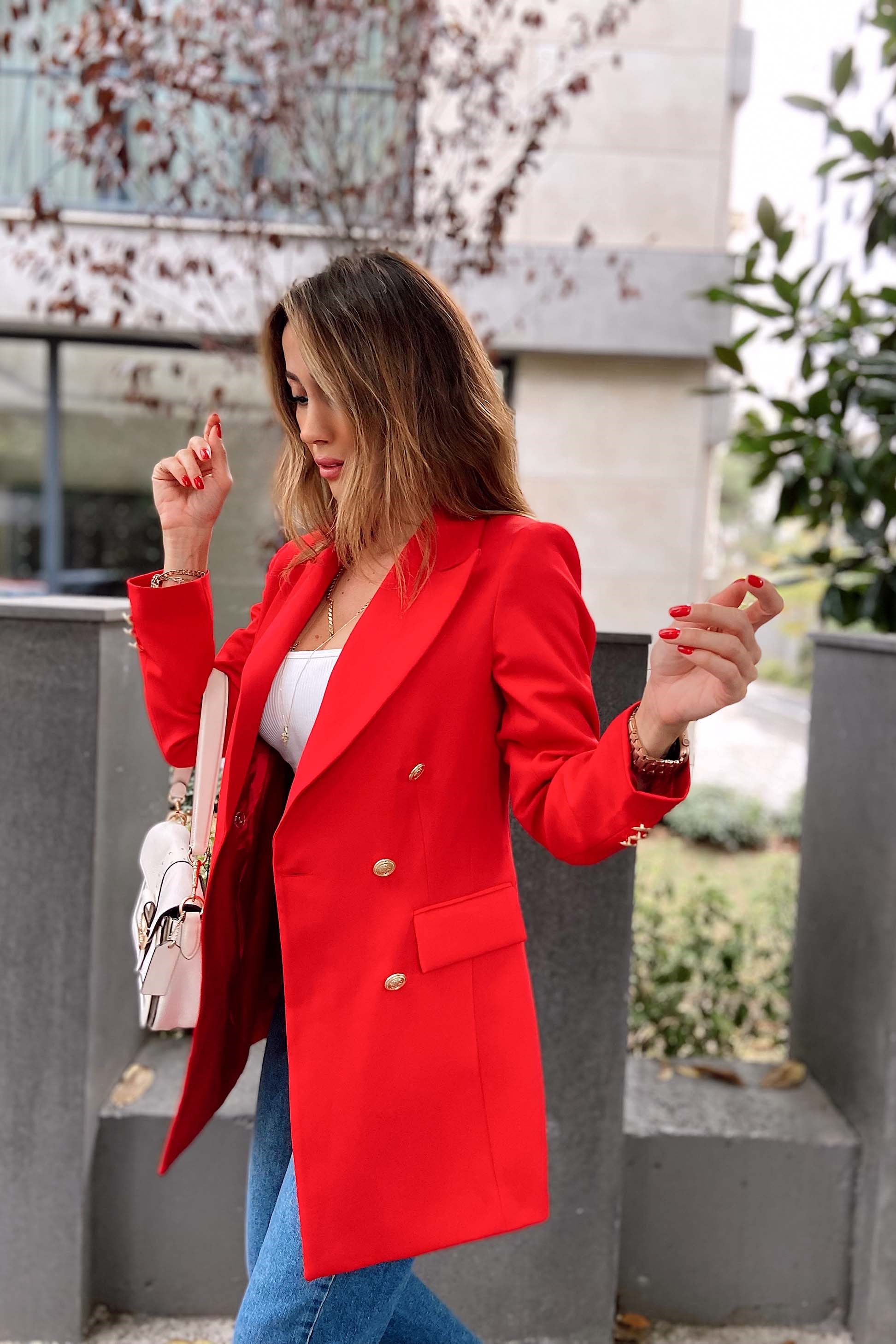 Gold Düğmeli Blazer Ceket Kırmızı