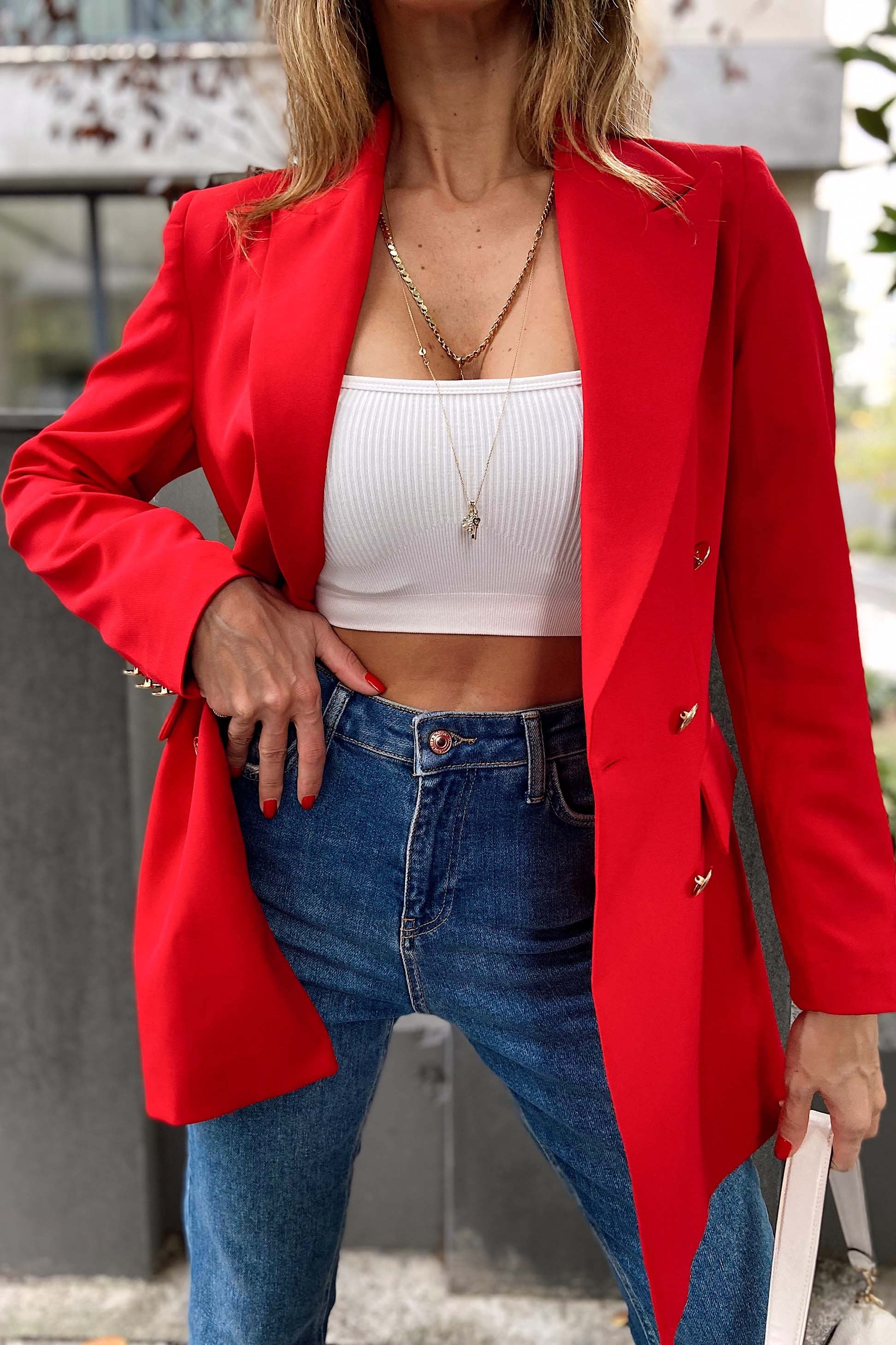 Gold Düğmeli Blazer Ceket Kırmızı
