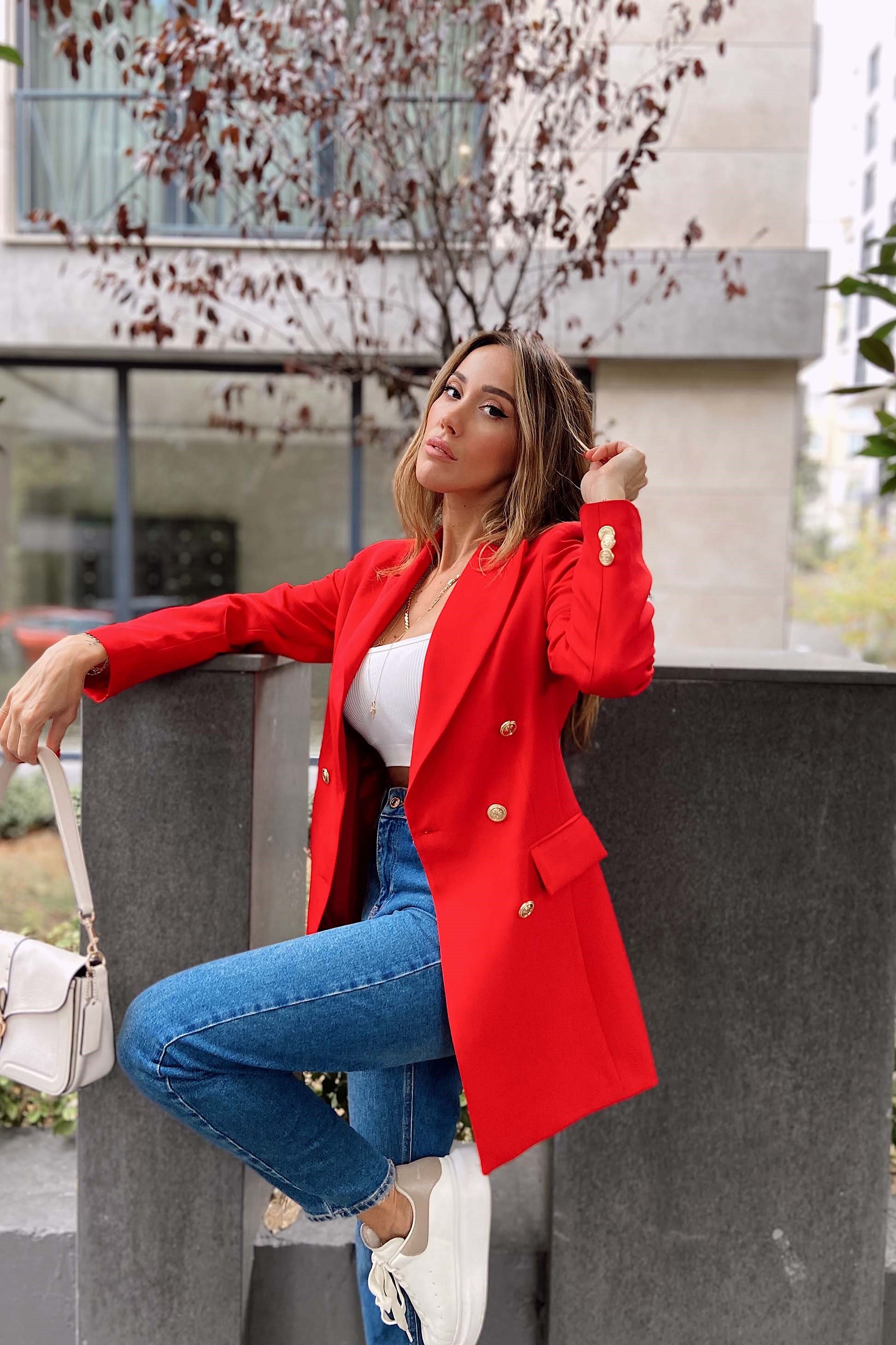 Gold Düğmeli Blazer Ceket Kırmızı