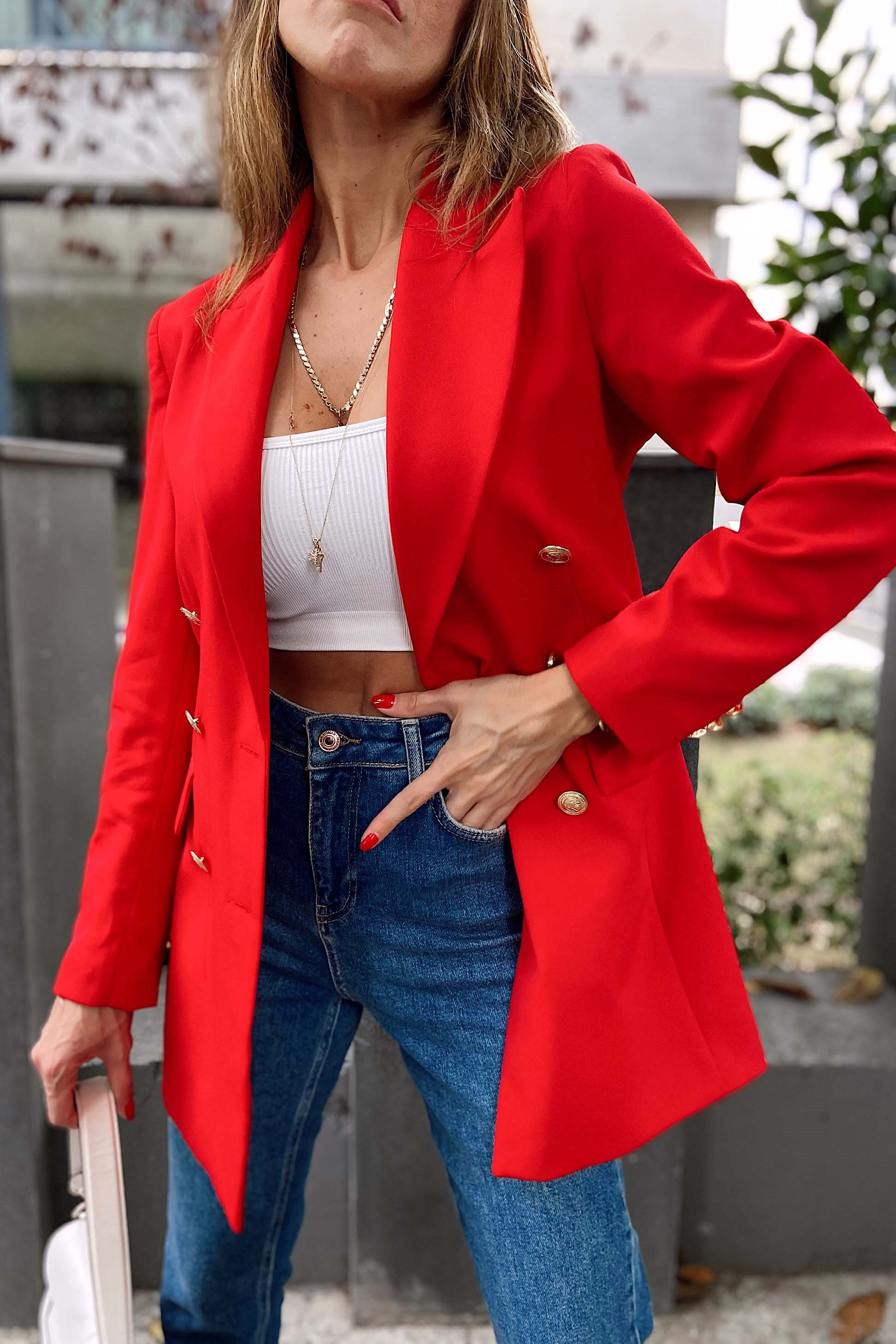 Gold Düğmeli Blazer Ceket Kırmızı