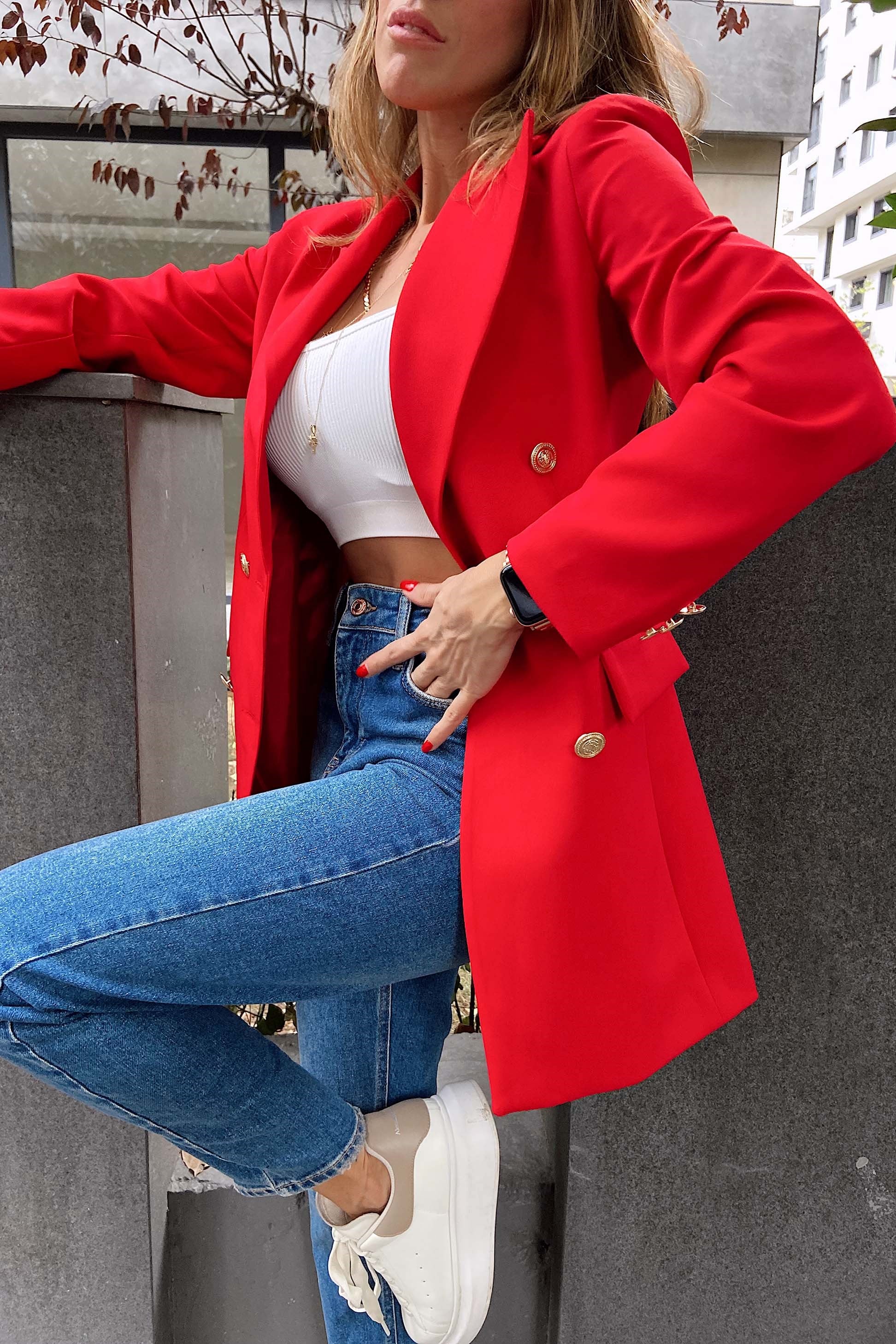 Gold Düğmeli Blazer Ceket Kırmızı