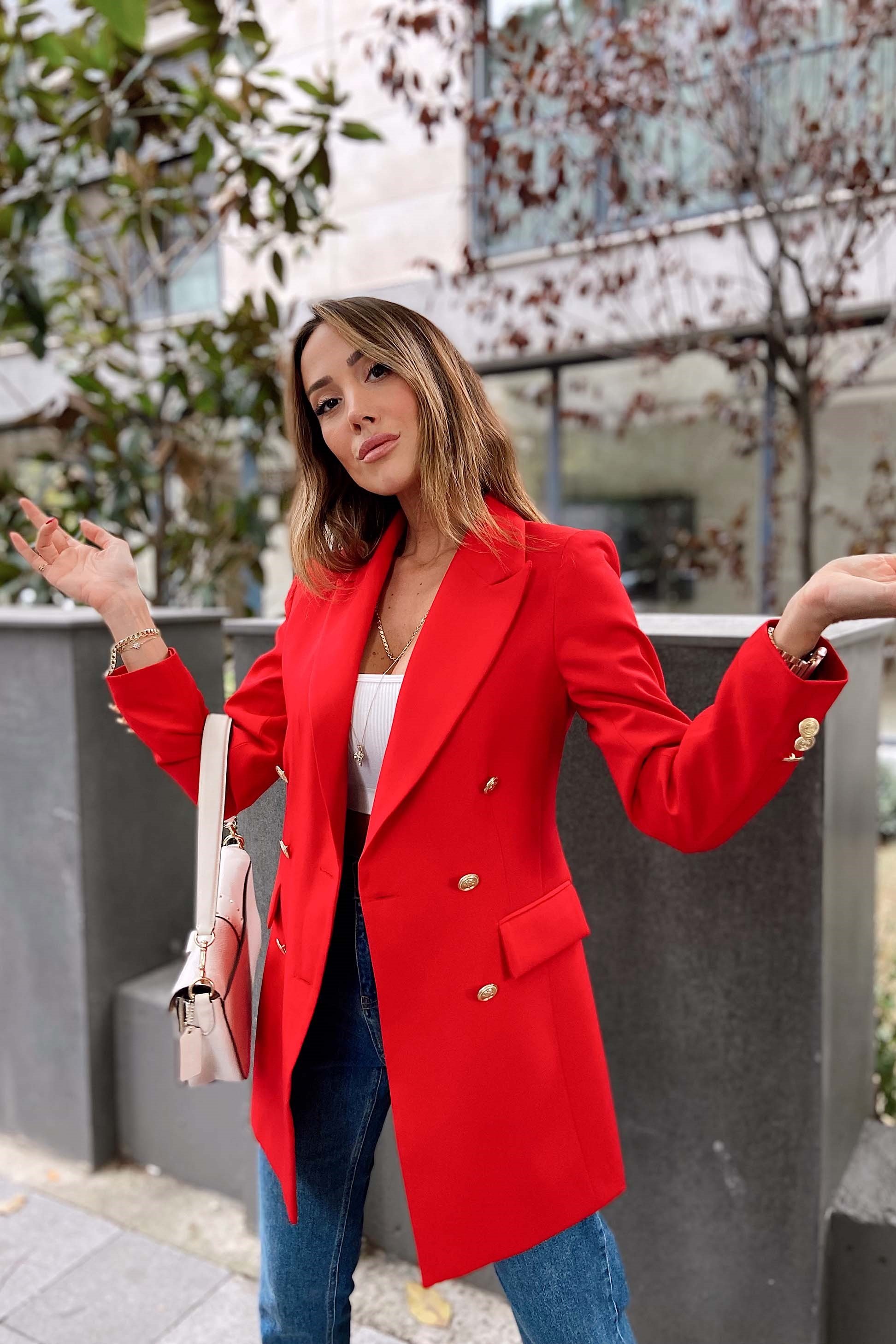 Gold Düğmeli Blazer Ceket Kırmızı