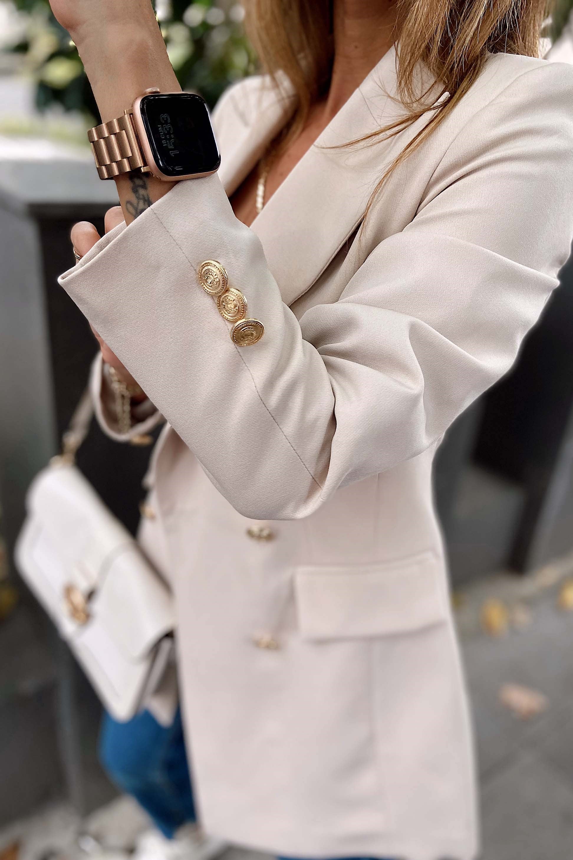 Gold Düğmeli Blazer Ceket Krem