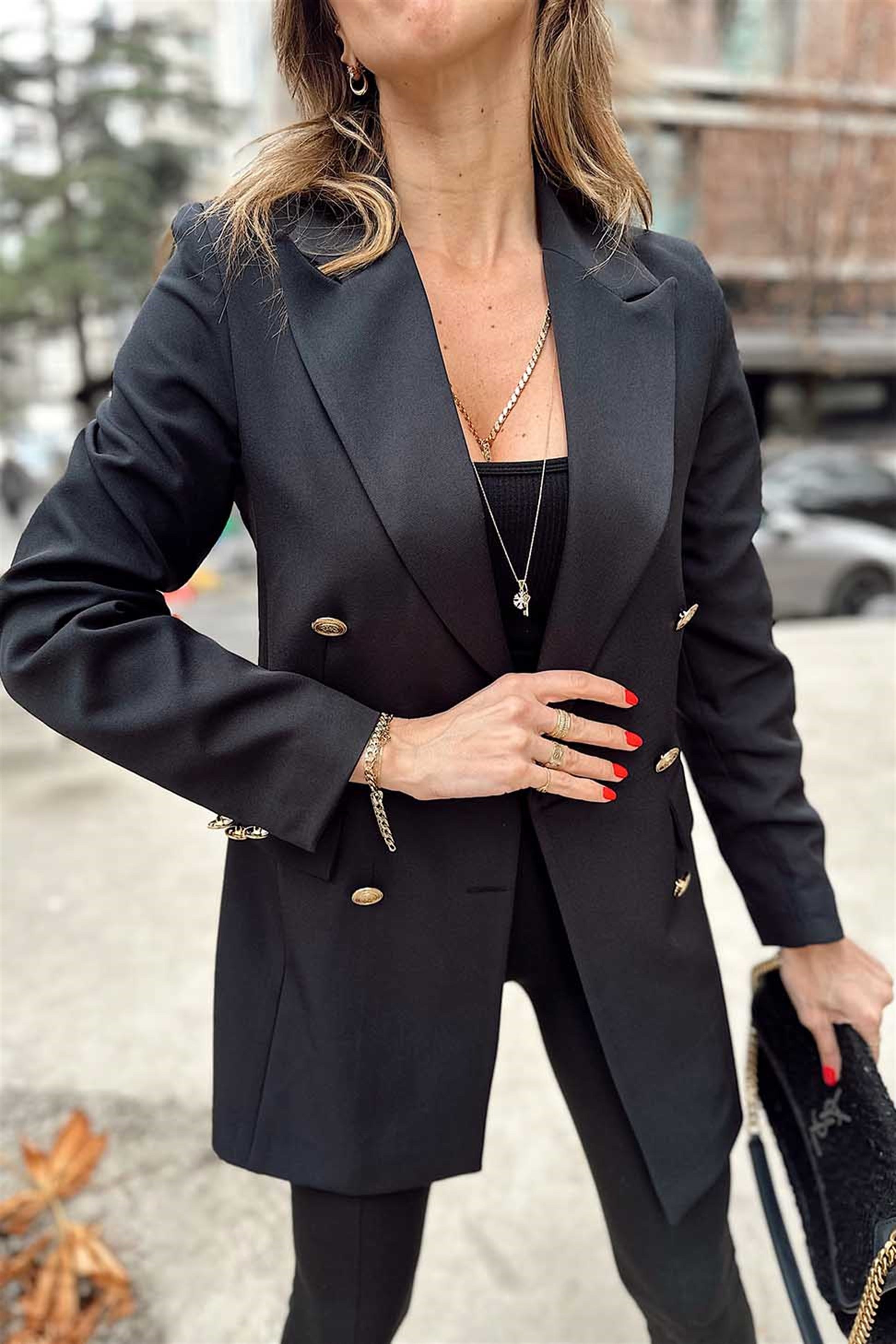 Gold Düğmeli Blazer Ceket Siyah