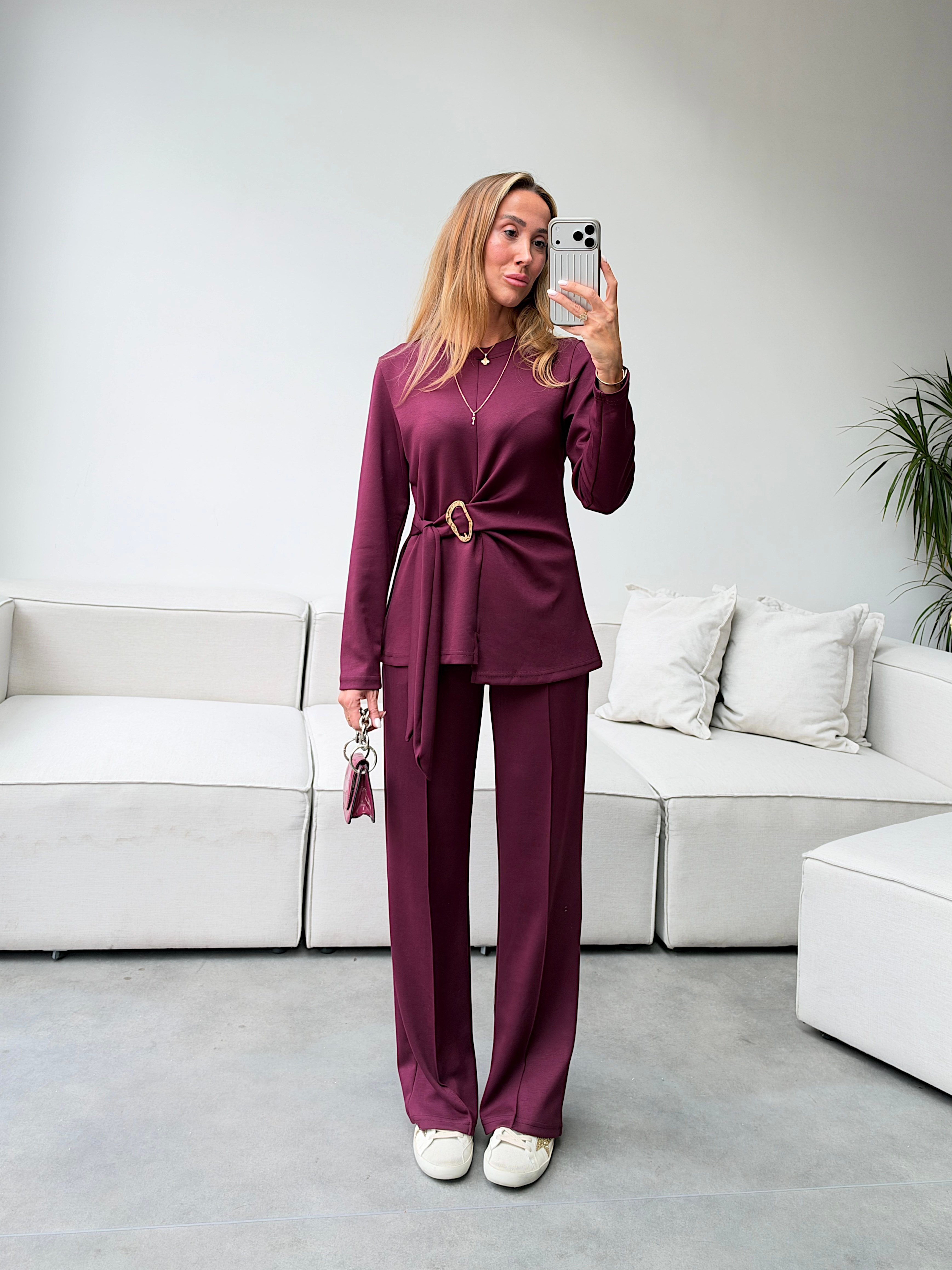 Gold Toka Detaylı Model Kumaş İkili Takım Bordo