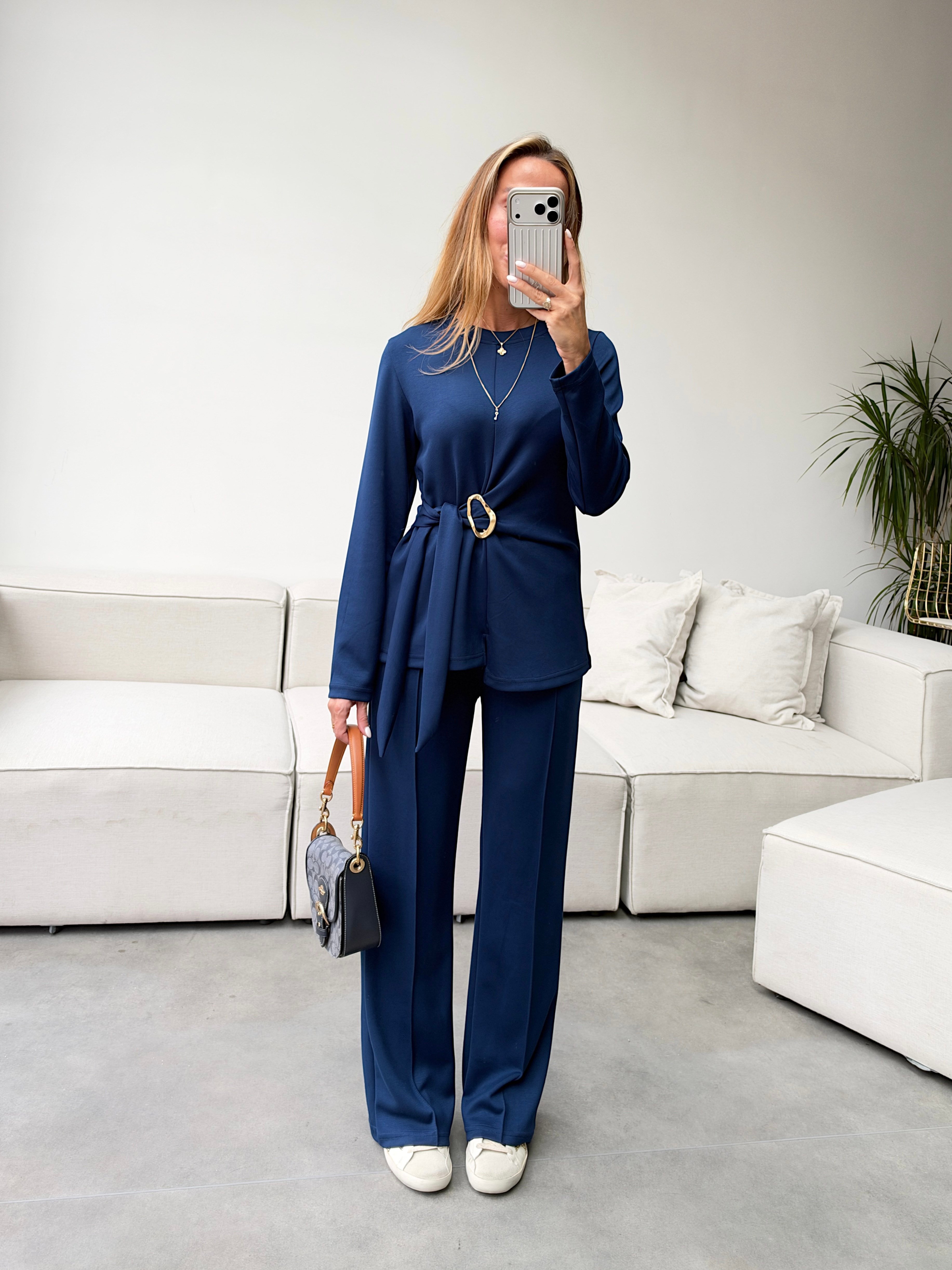Gold Toka Detaylı Model Kumaş İkili Takım İndigo Mavi