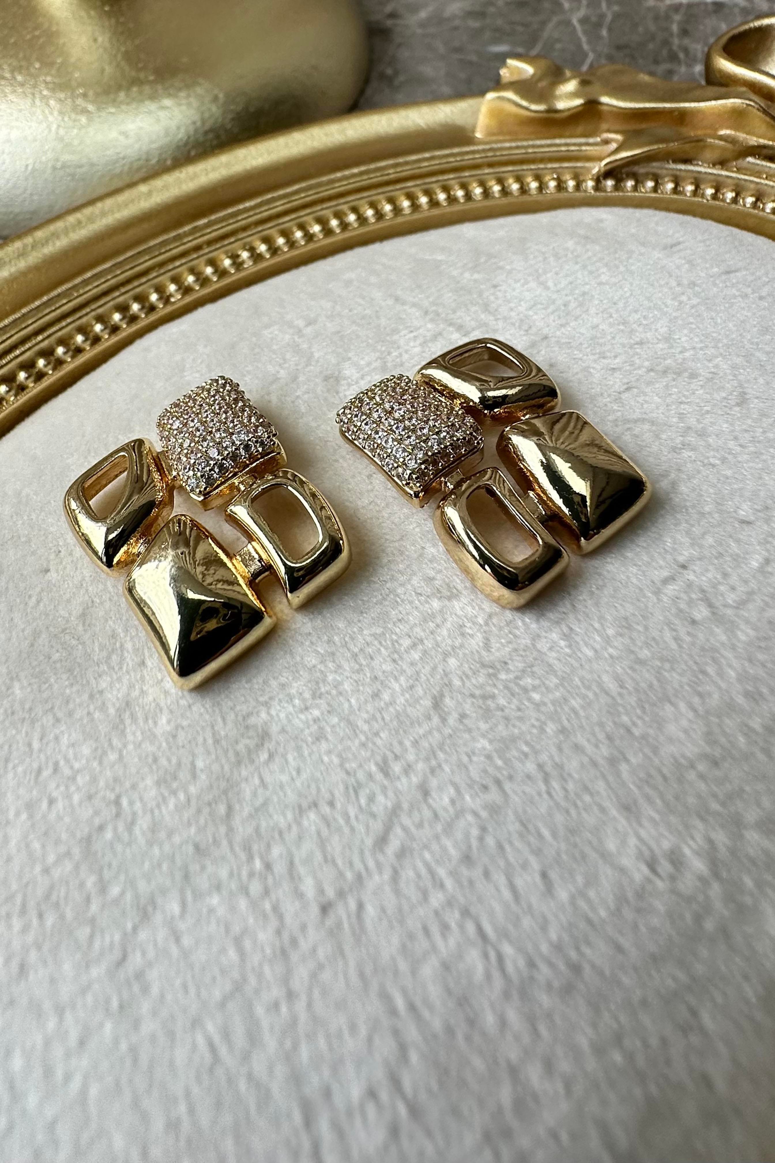 Gold Zirkon Taşlı Mozaik Küpe