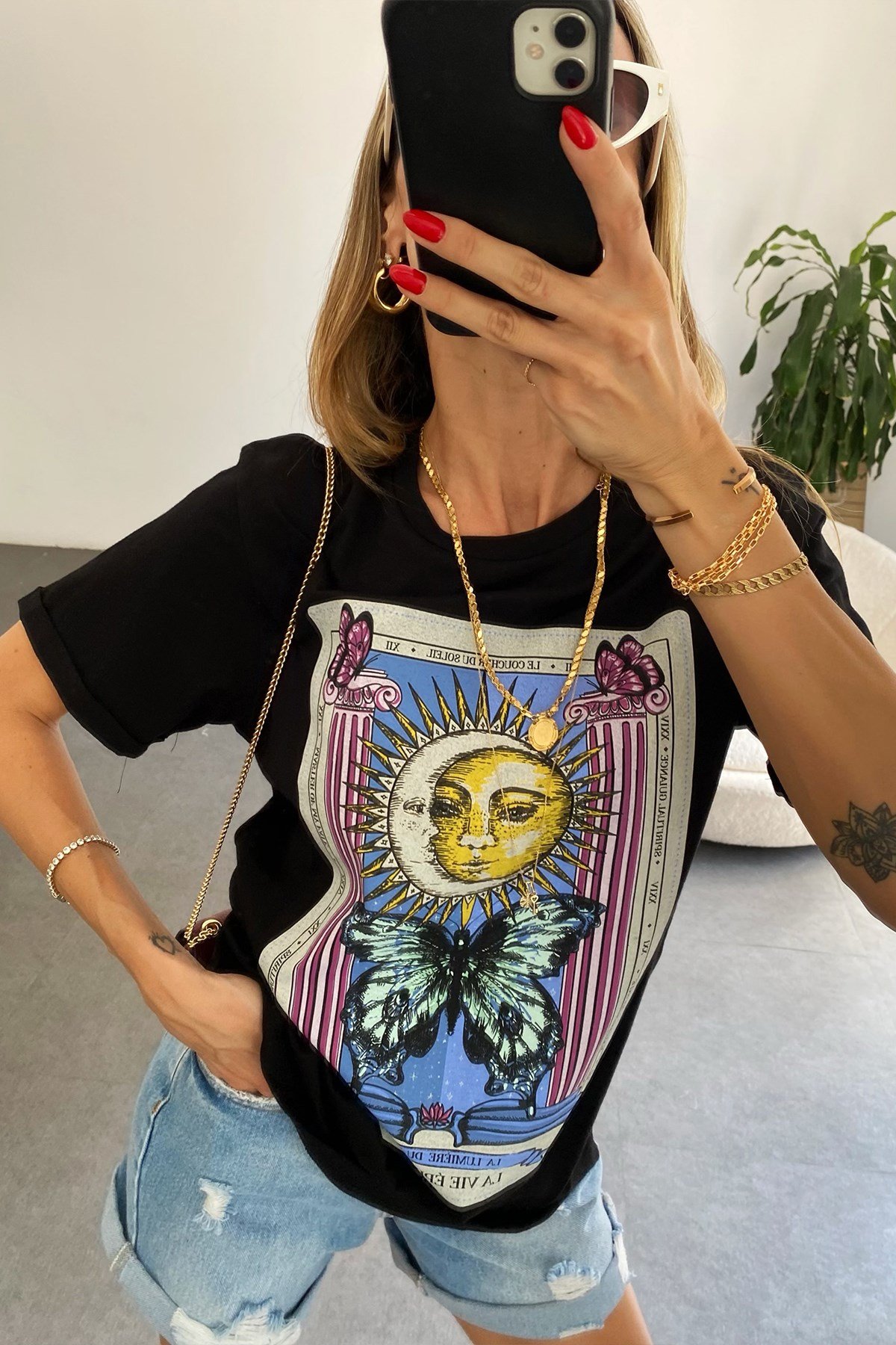 Güneş Ay Baskılı Basic Tişört Siyah