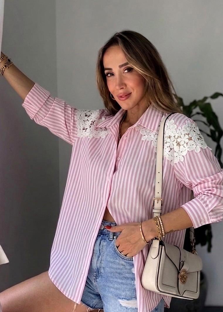 Güpür Aksesuarlı Çizgili Gömlek Pembe