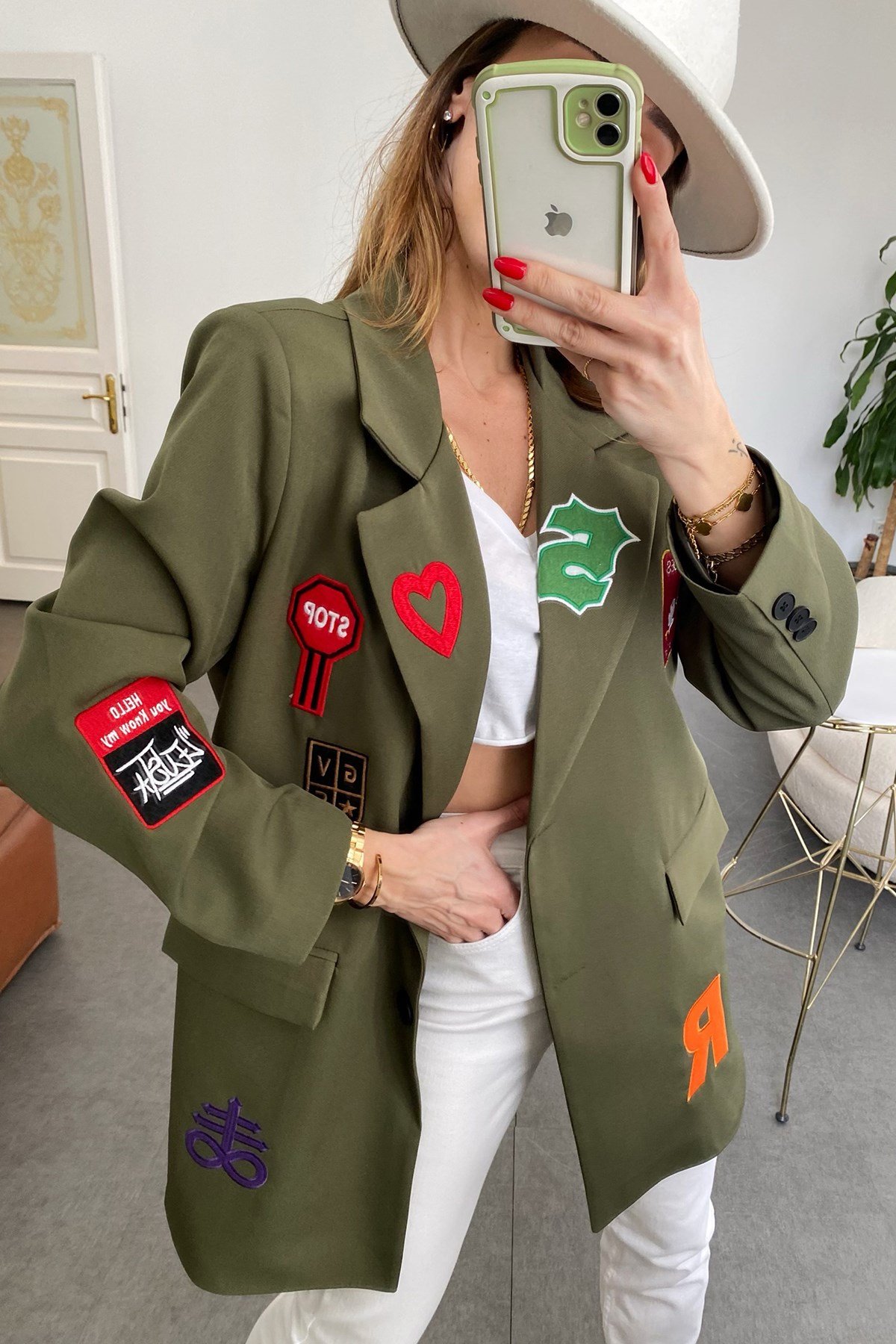 Haki Renkli Yama Detaylı Tasarım Blazer