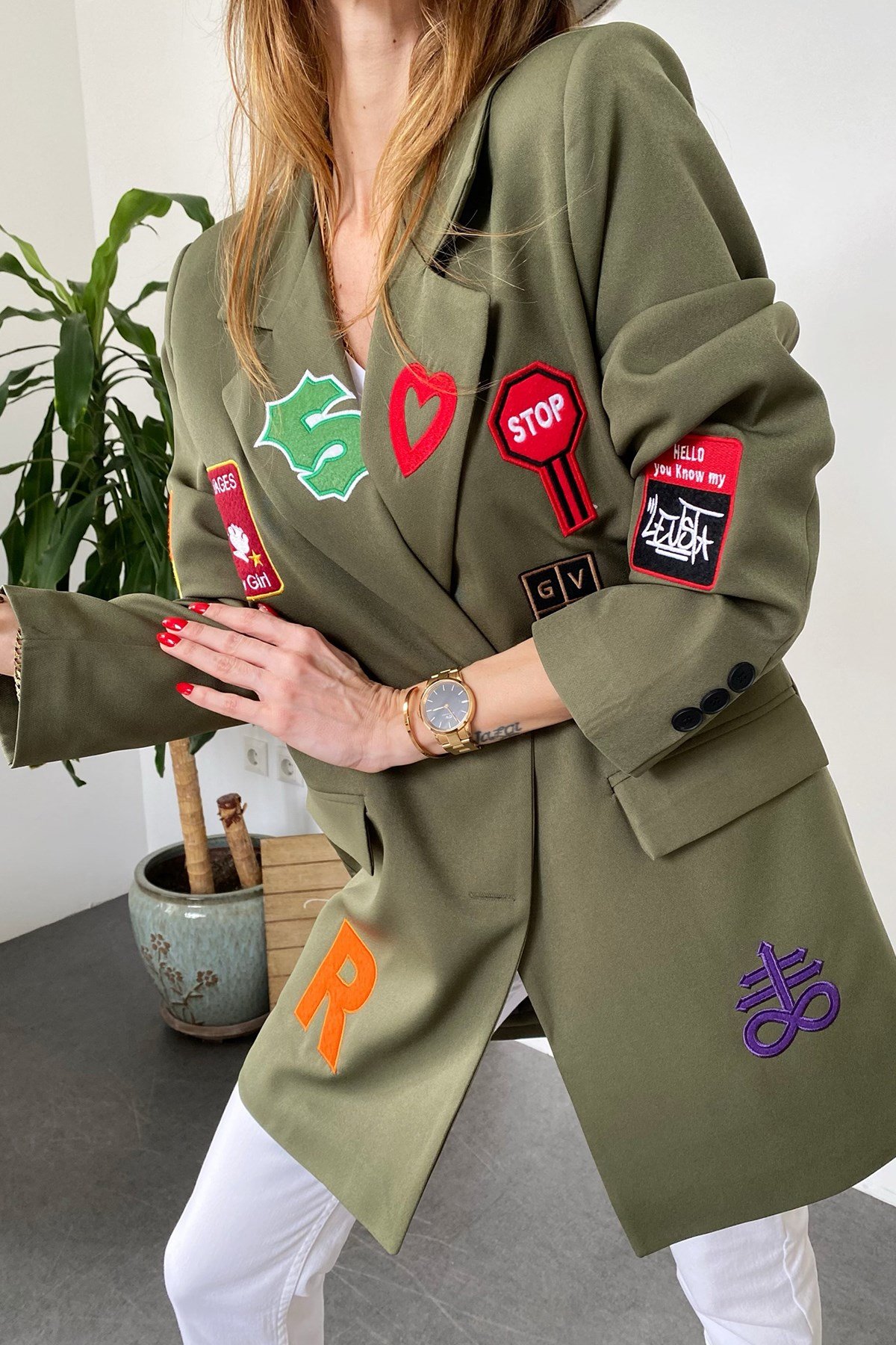 Haki Renkli Yama Detaylı Tasarım Blazer