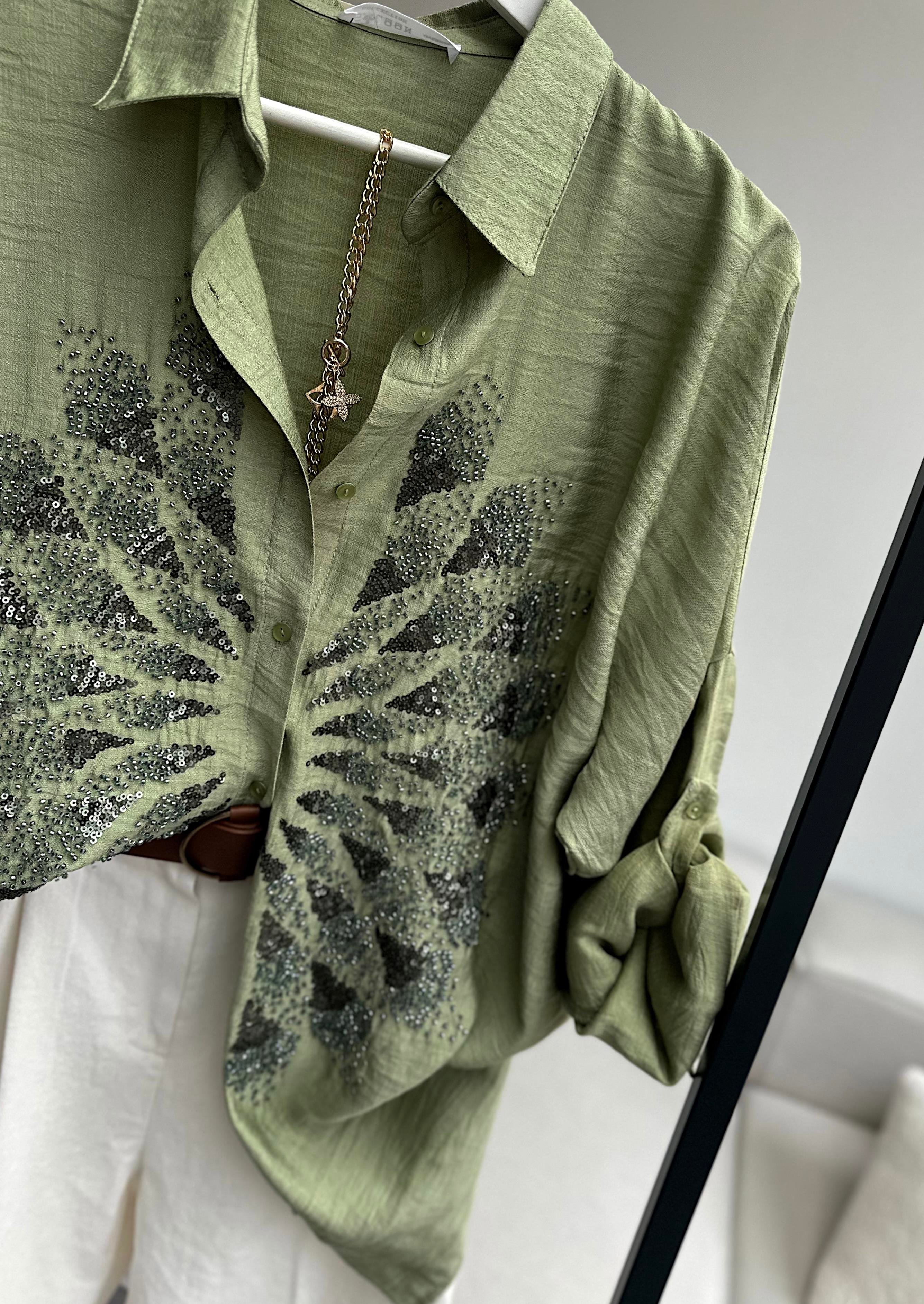 Haki Serpme Boncuk ve Pul İşlemeli Eftelya Gömlek