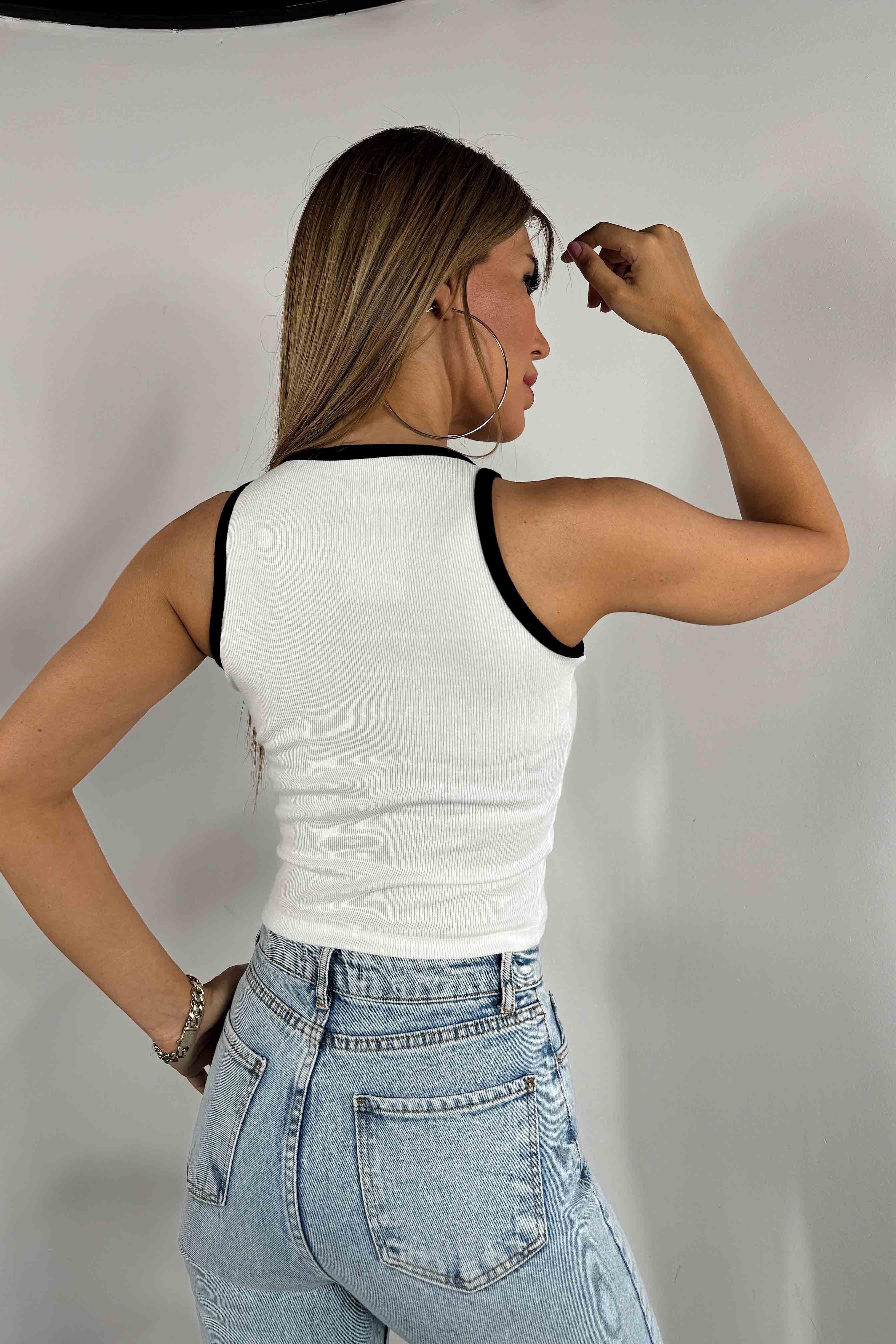 Halter Yaka Fitilli Bluz Beyaz