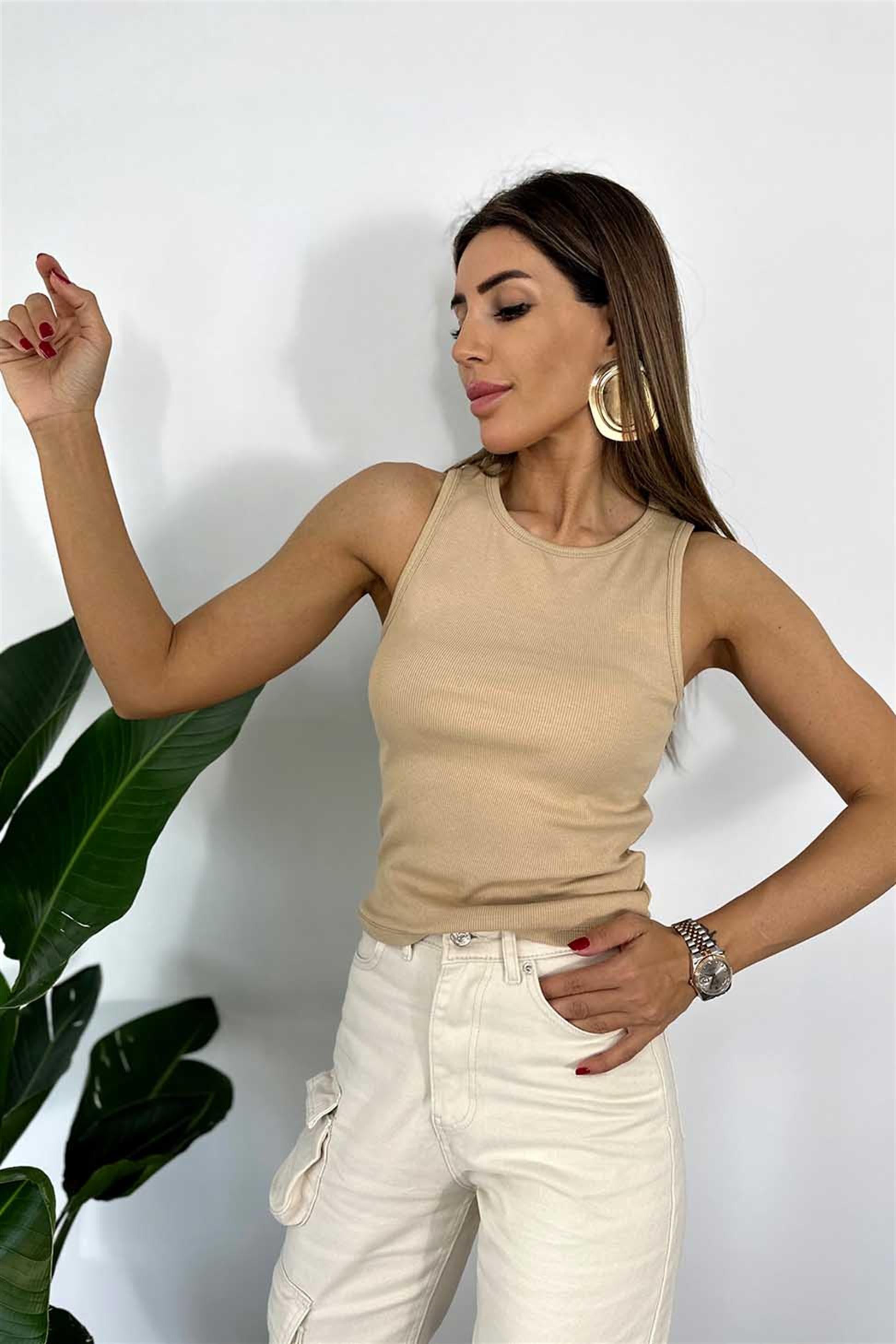 Halter Yaka Kalın Askılı Atlet Vizon