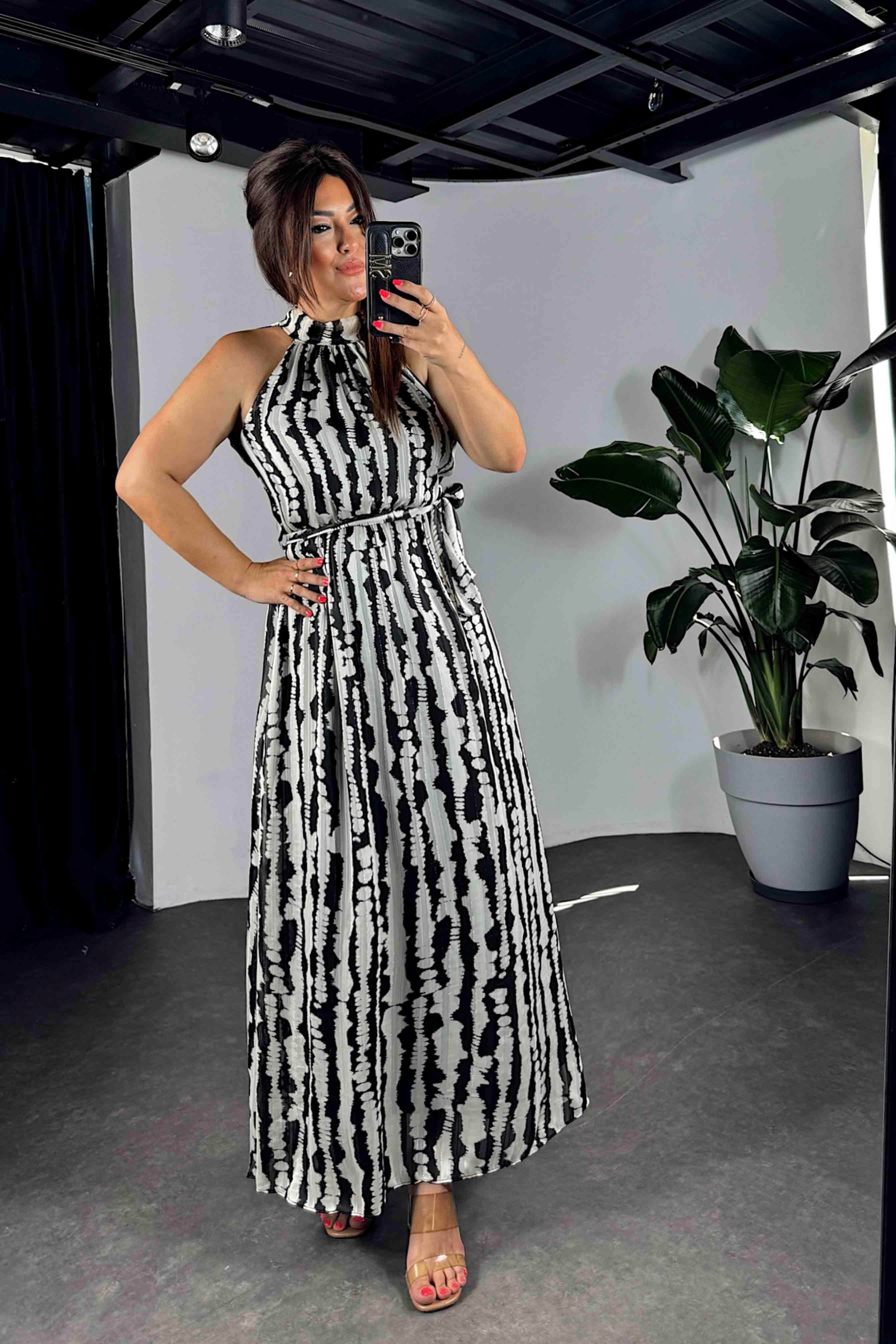 Halter Yaka Maxi Boy Simli Elbise Ekru