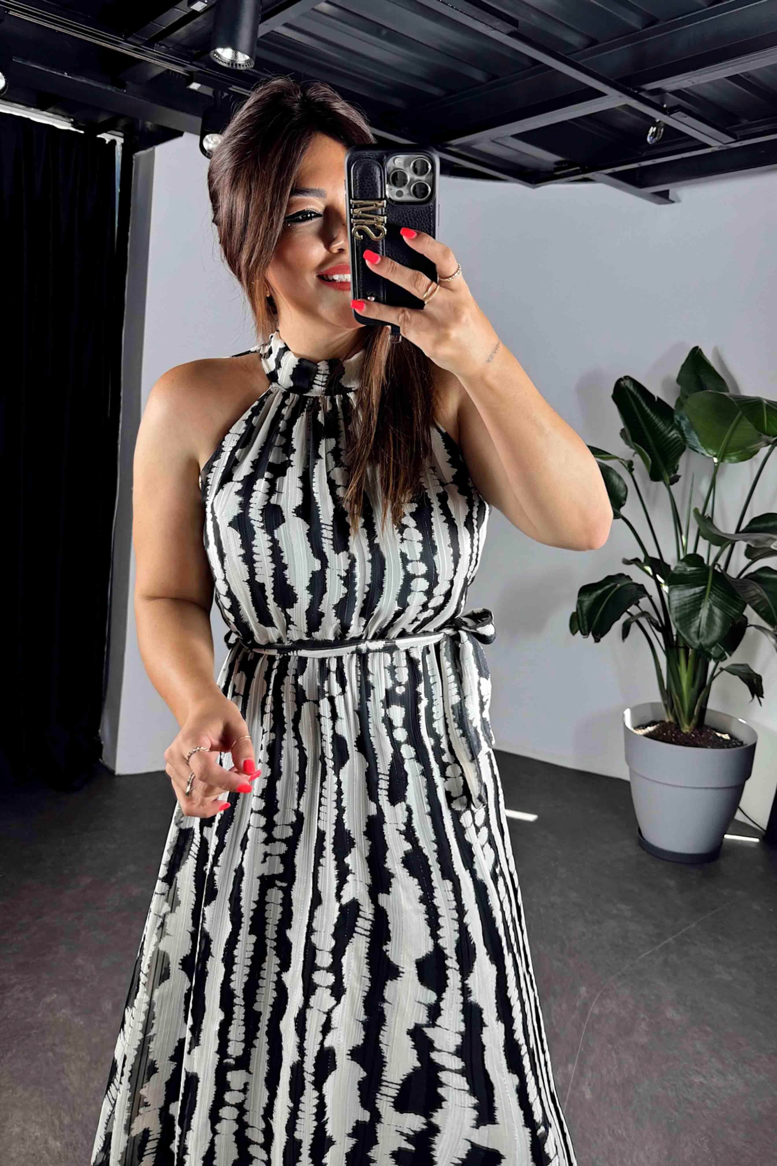 Halter Yaka Maxi Boy Simli Elbise Ekru