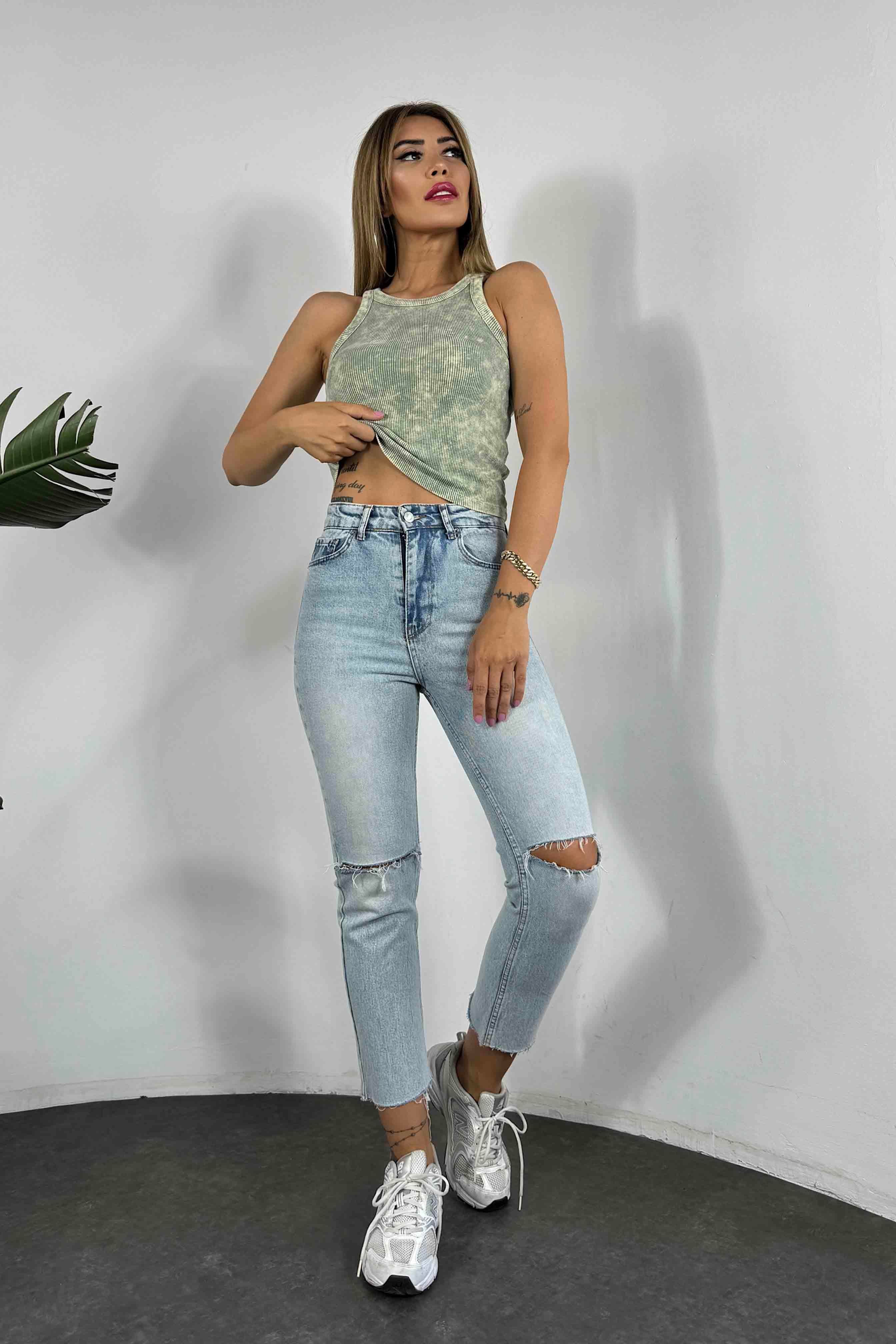 Halter Yaka Yıkamalı Kadın Bluz Haki