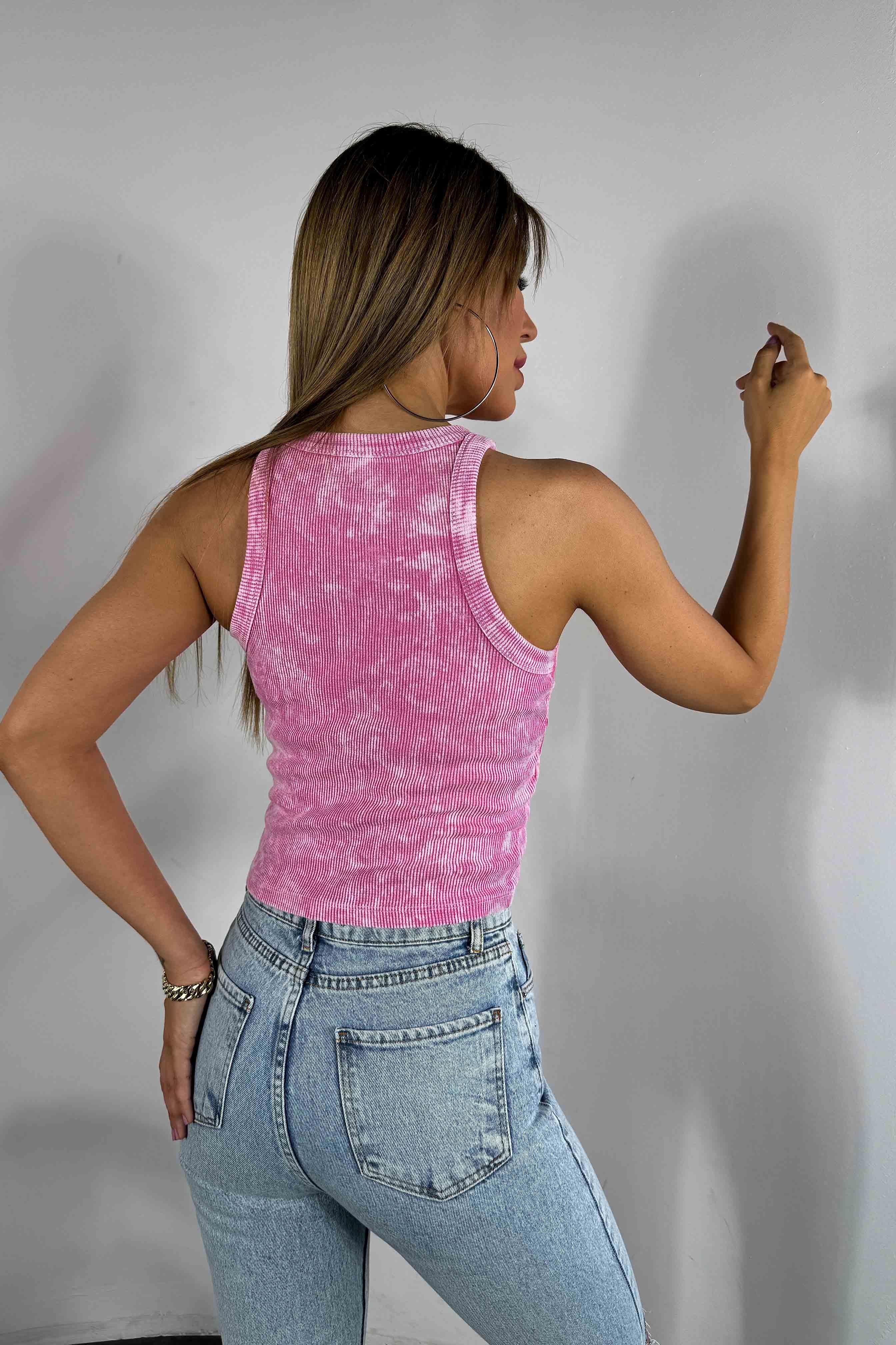 Halter Yaka Yıkamalı Kadın Bluz Pembe