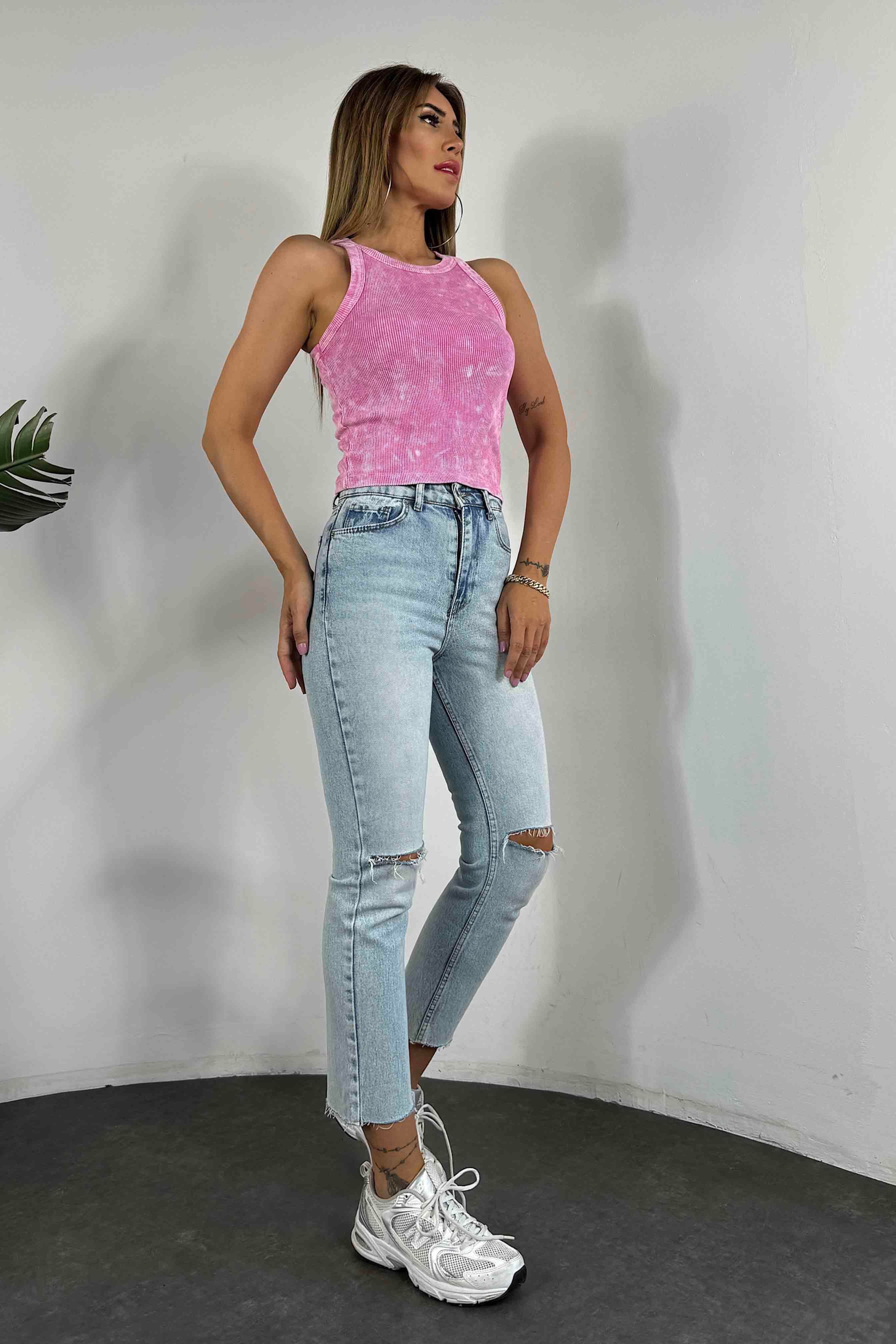 Halter Yaka Yıkamalı Kadın Bluz Pembe