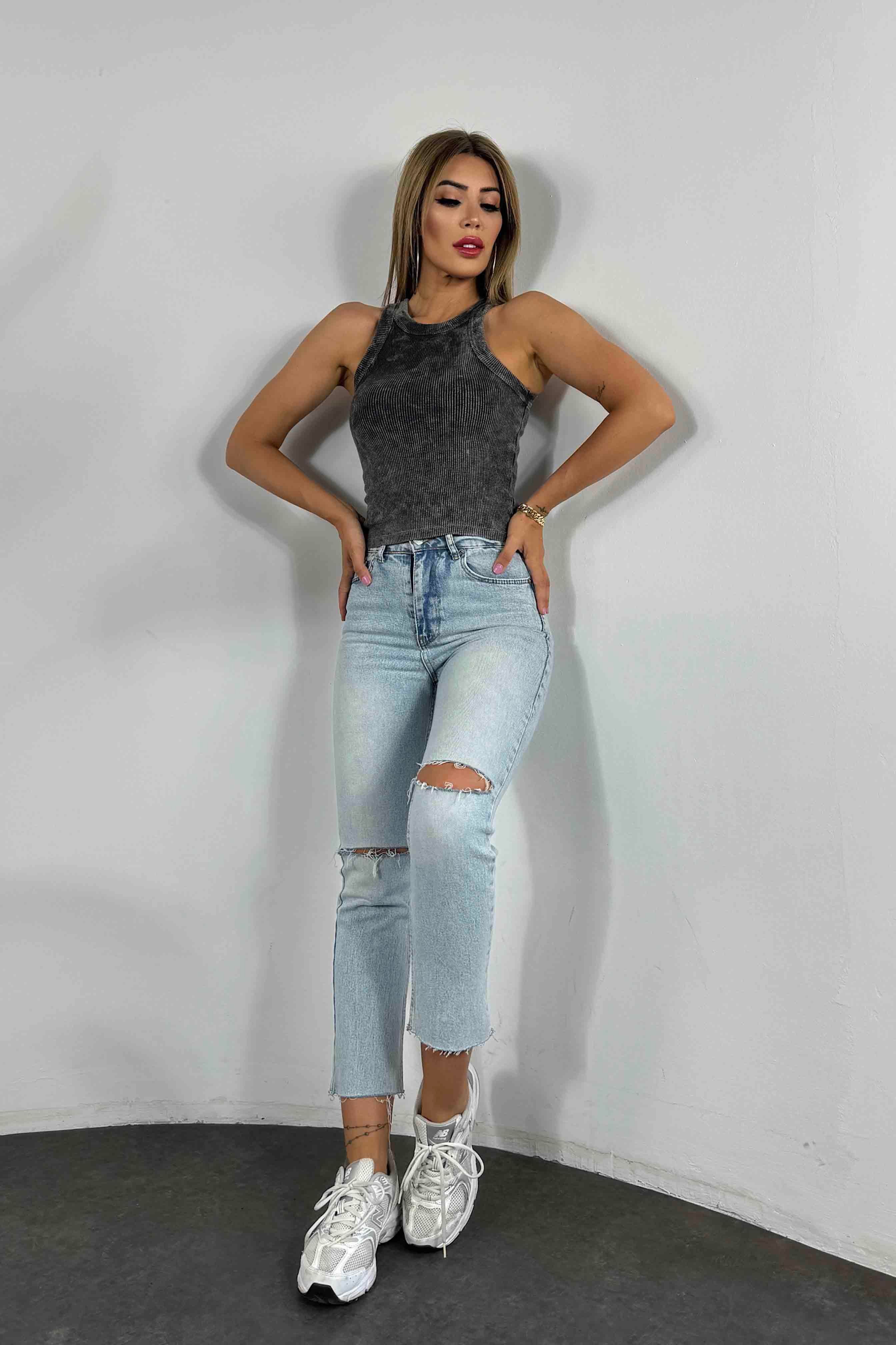 Halter Yaka Yıkamalı Kadın Bluz Siyah