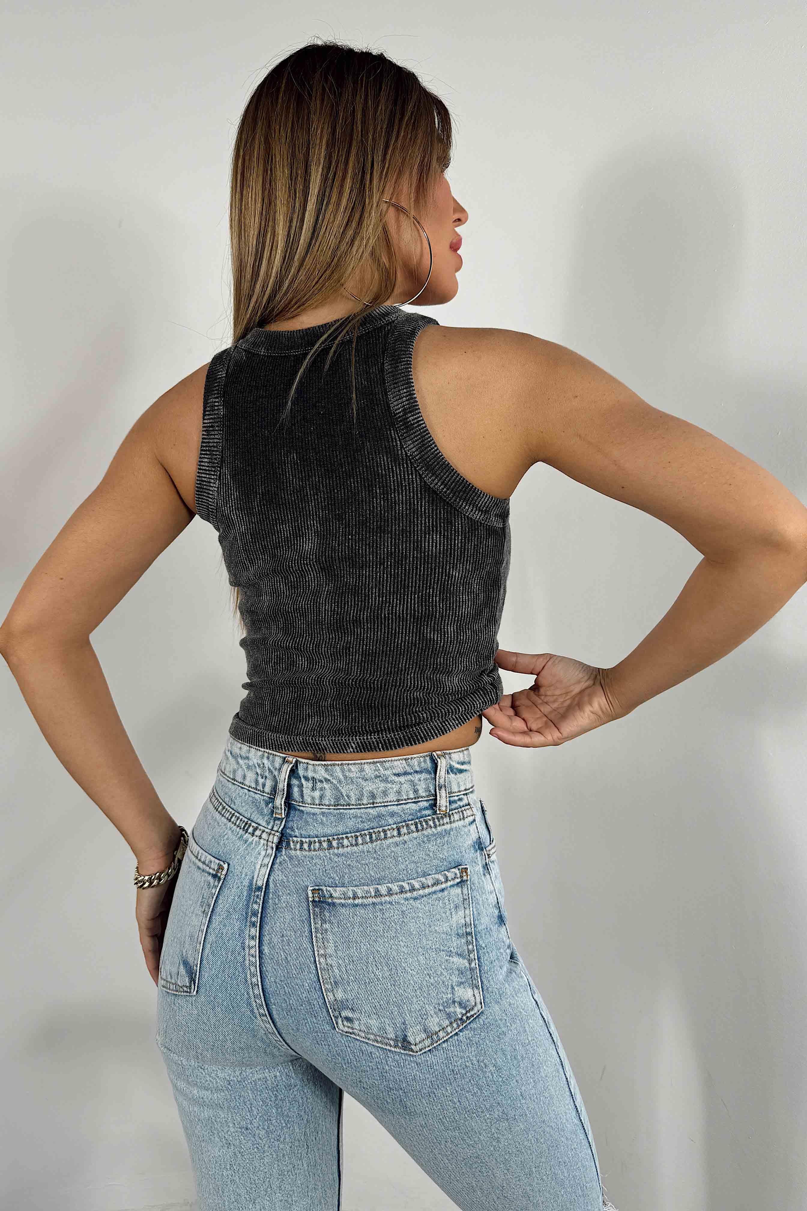 Halter Yaka Yıkamalı Kadın Bluz Siyah