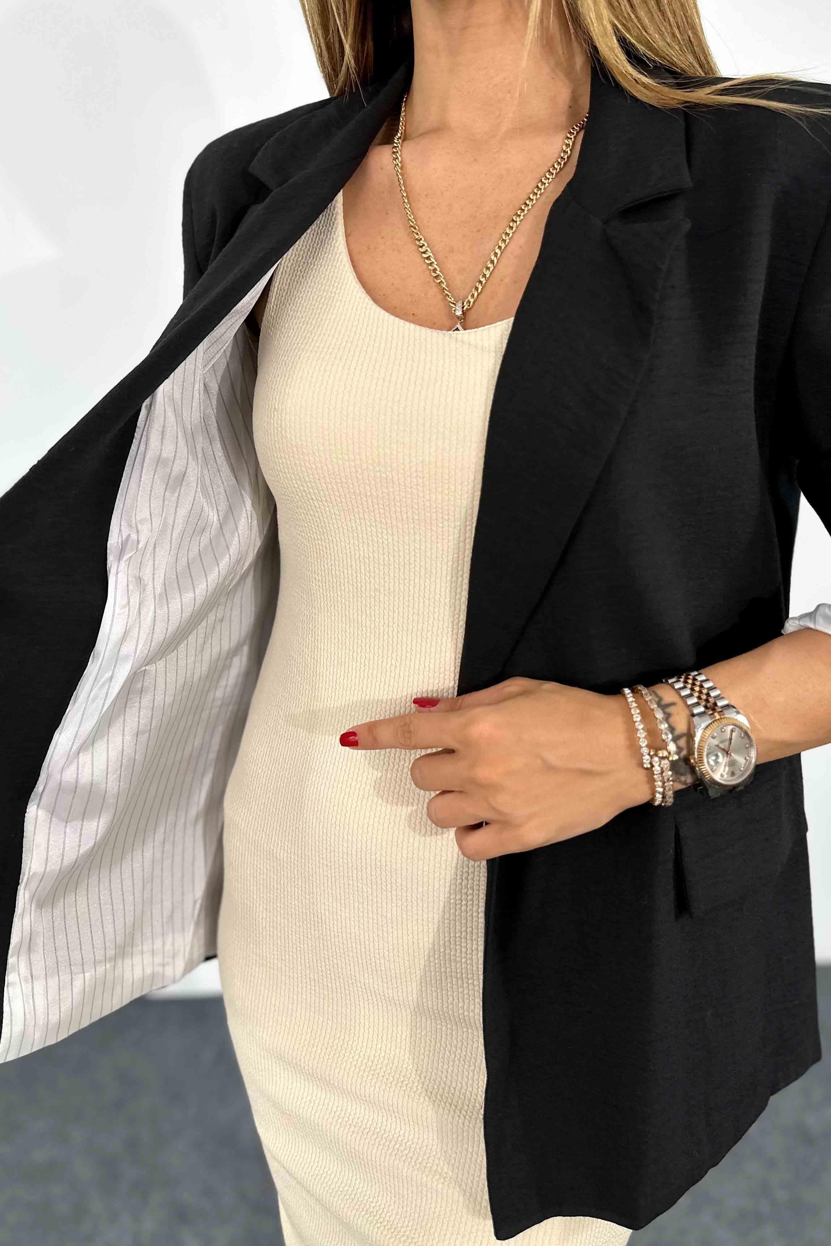 Ham Keten İçi Astarlı Düğmesiz Tasarım Blazer Ceket Siyah