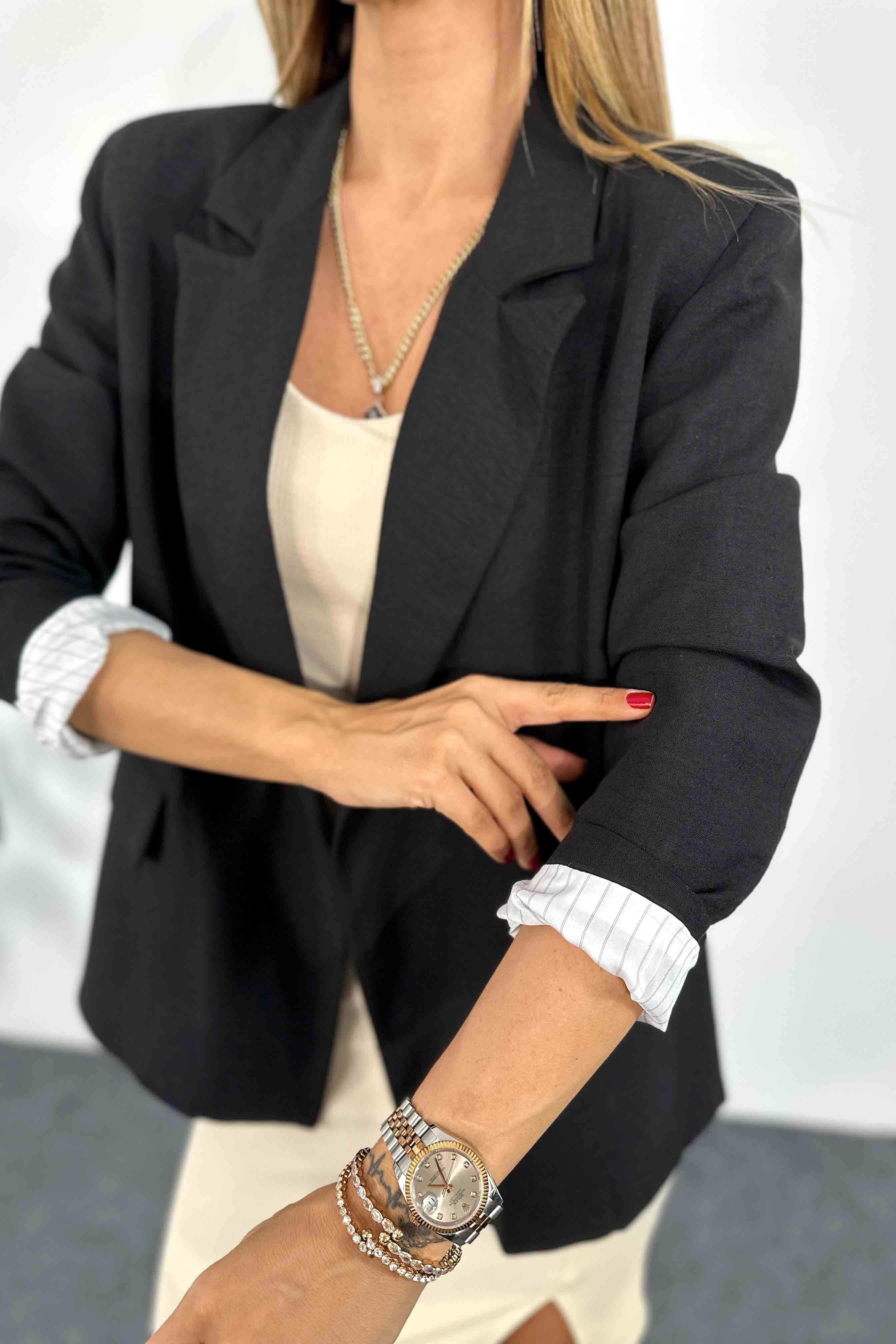 Ham Keten İçi Astarlı Düğmesiz Tasarım Blazer Ceket Siyah