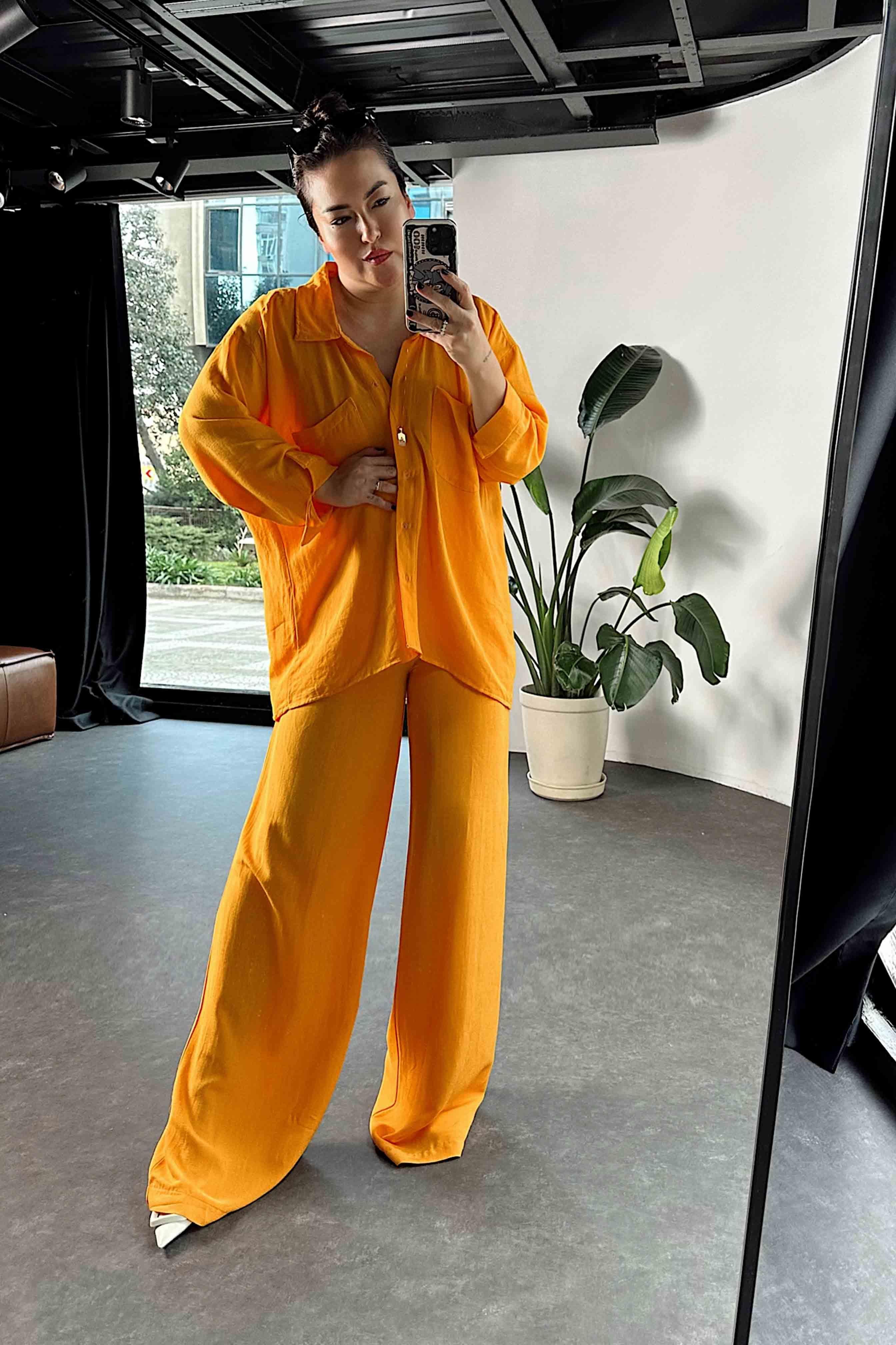 Ham Keten Oversize Çift Cepli Kadın Takım Turuncu