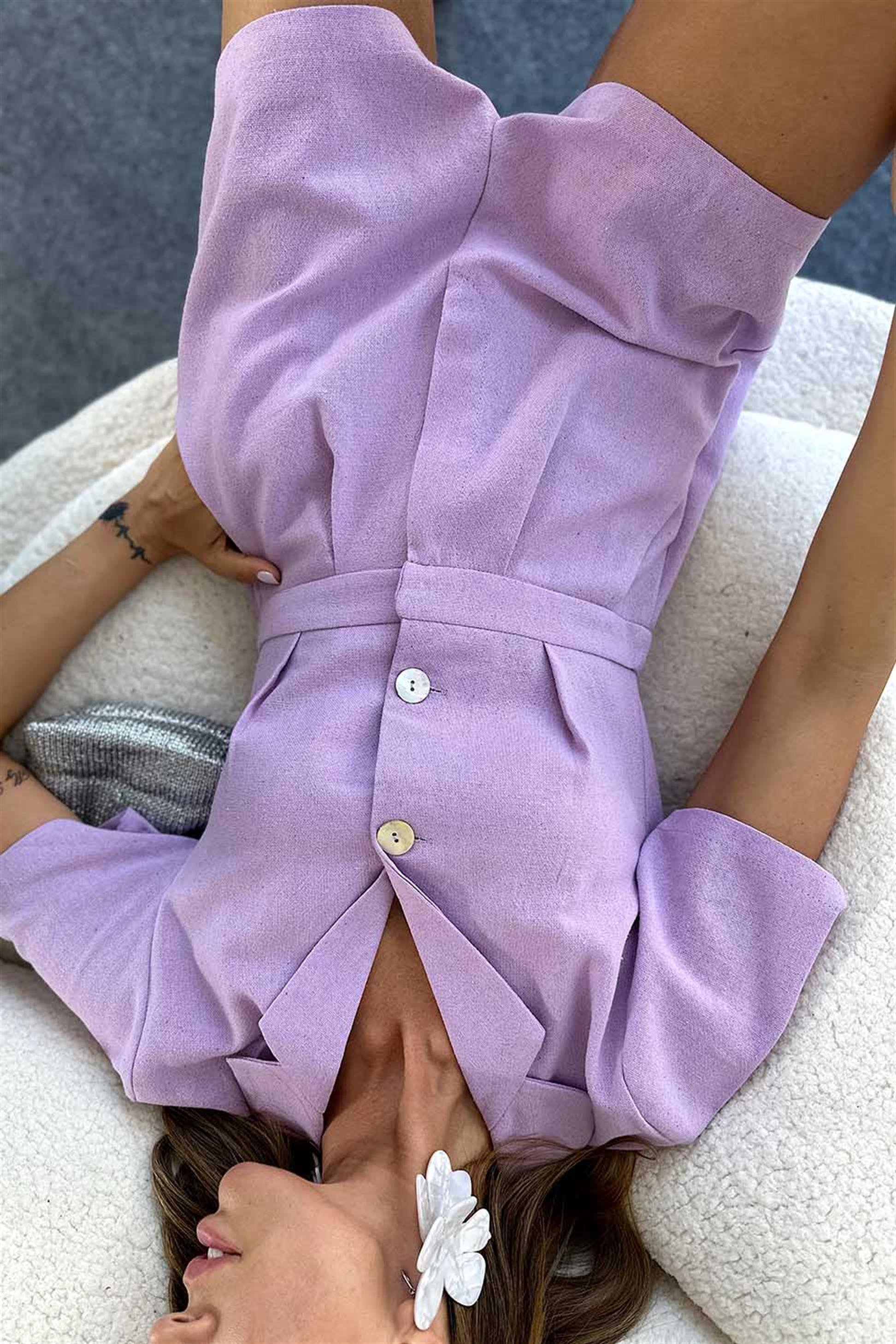 Ham Keten Sedef Düğmeli Şort Tulum Lila