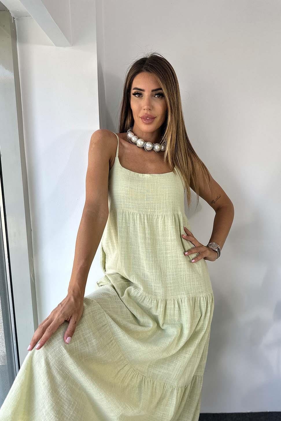 Ham Keten Yarım Astarlı Salaş Ayarlanabilir Askılı Elbise Mint