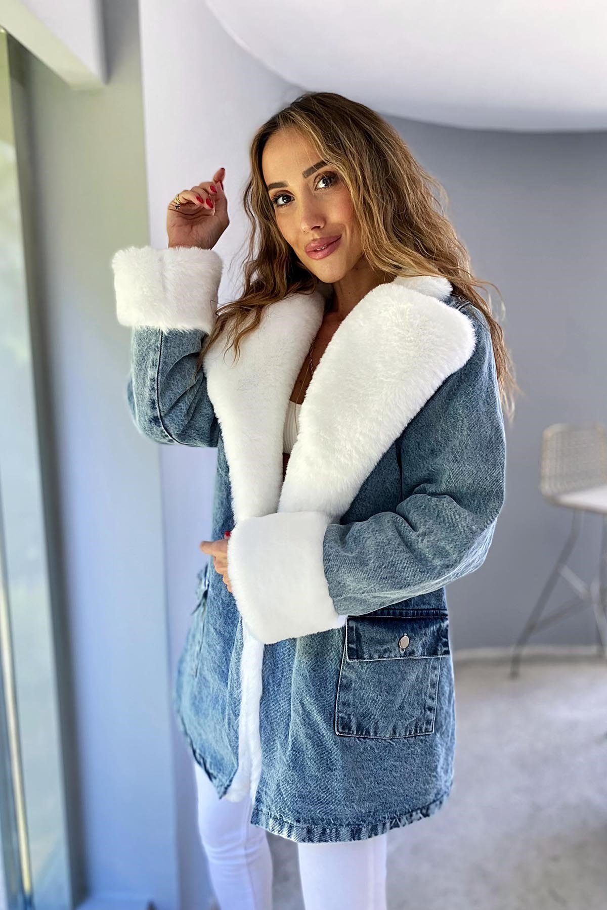 İçi Full Kürk Denim Kadın Mont Mavi
