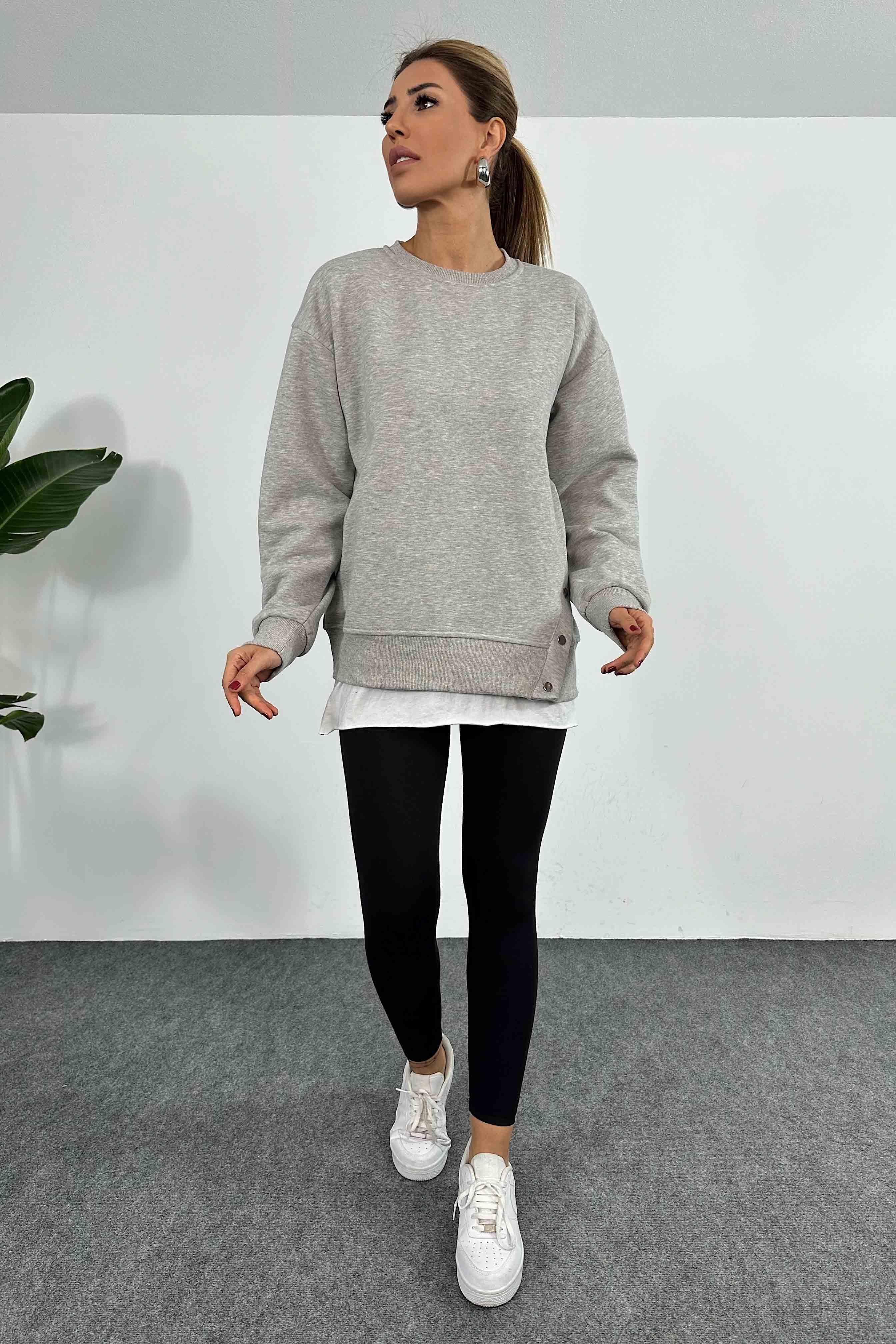 İçi Şardonlu Çıtçıt Detay Kadın Sweatshirt Gri
