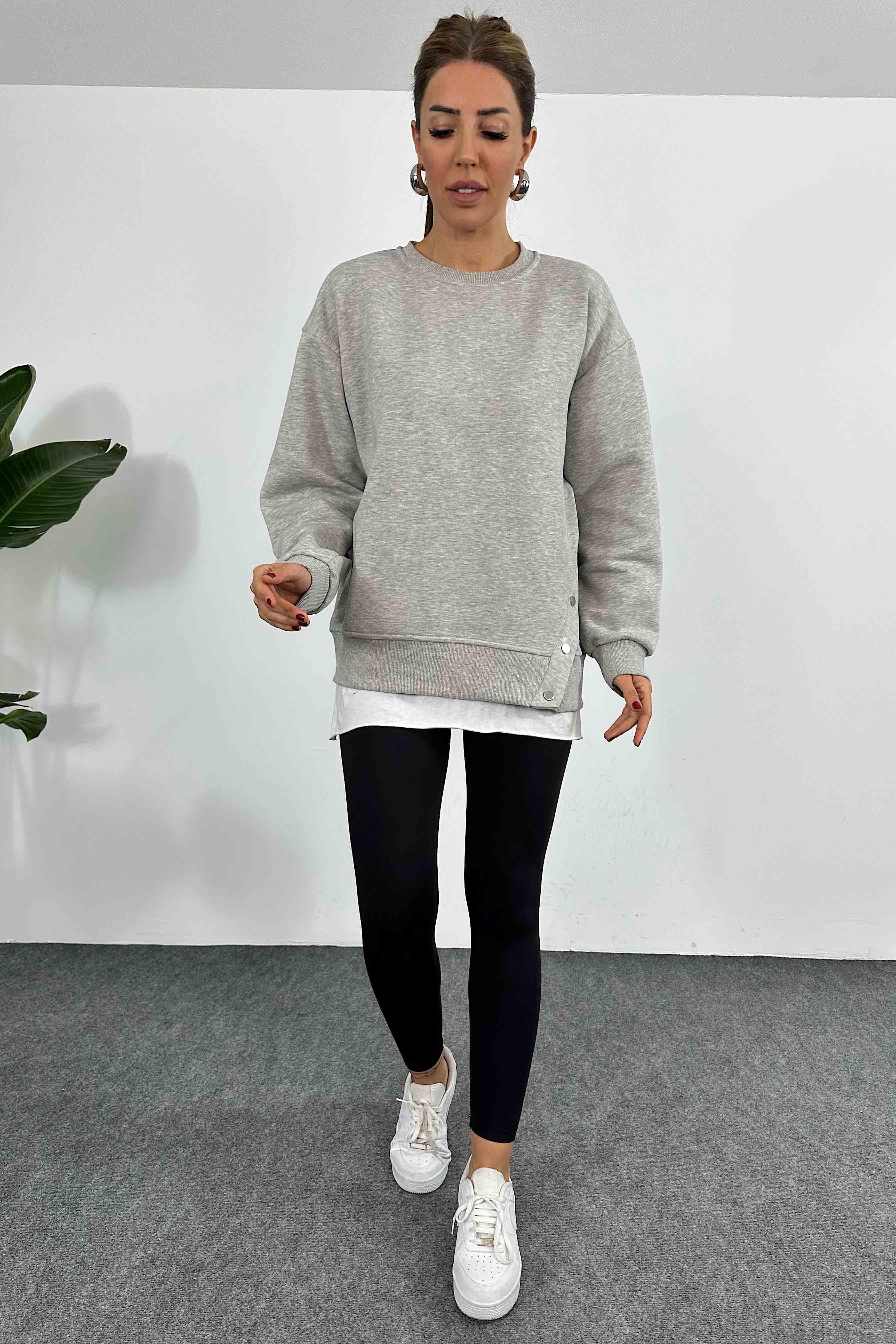 İçi Şardonlu Çıtçıt Detay Kadın Sweatshirt Gri