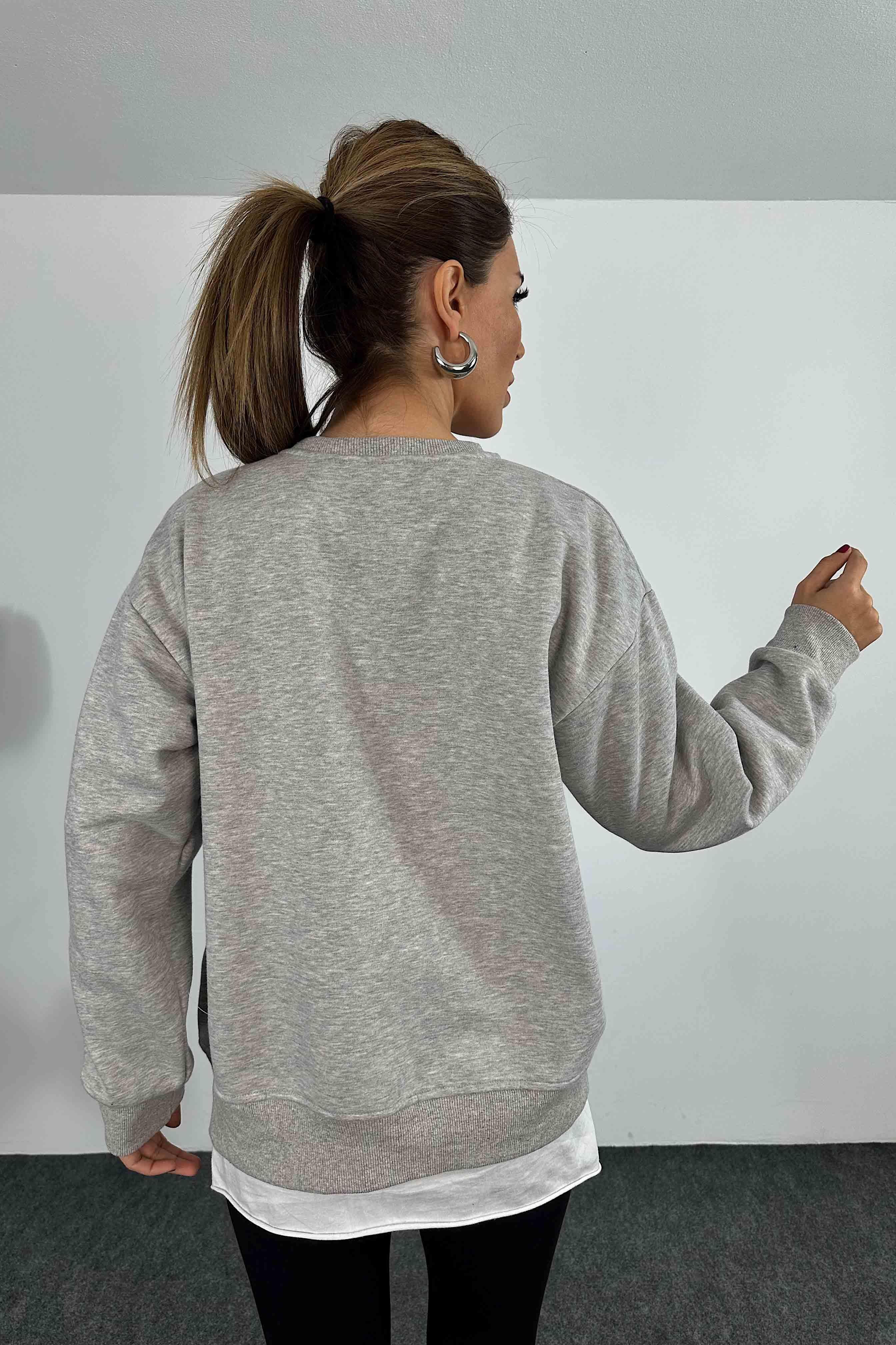 İçi Şardonlu Çıtçıt Detay Kadın Sweatshirt Gri