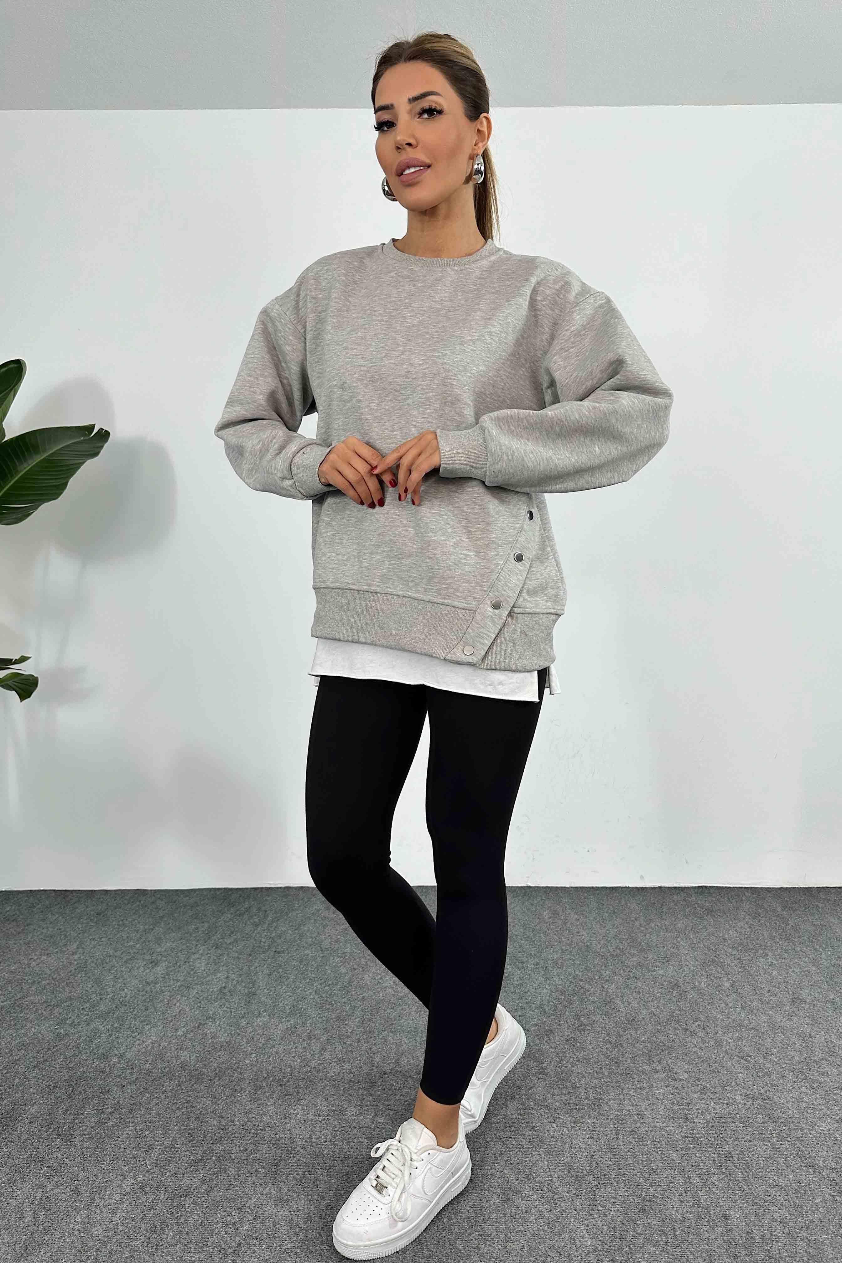 İçi Şardonlu Çıtçıt Detay Kadın Sweatshirt Gri