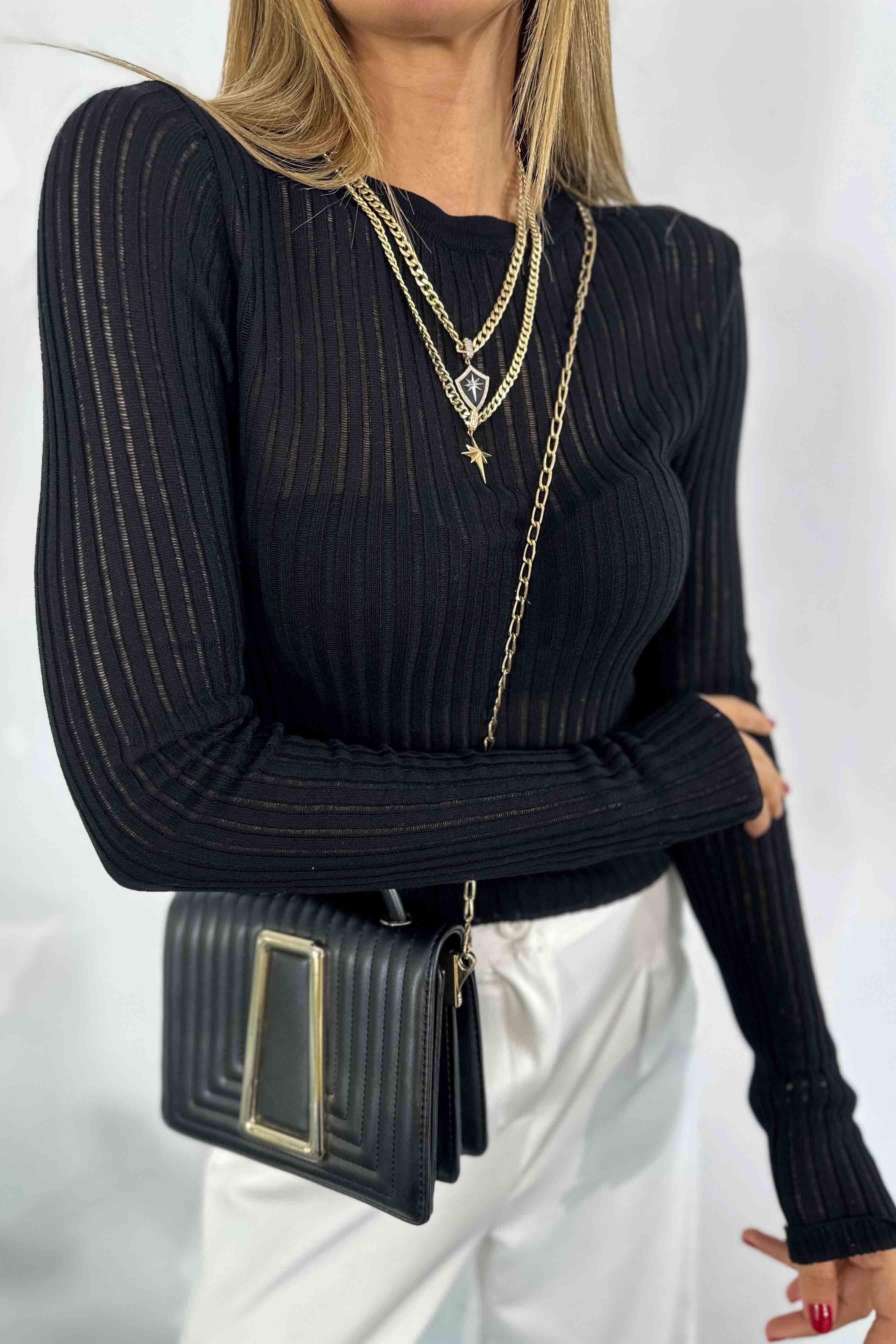 İnce Ajurlu Örme Triko Siyah