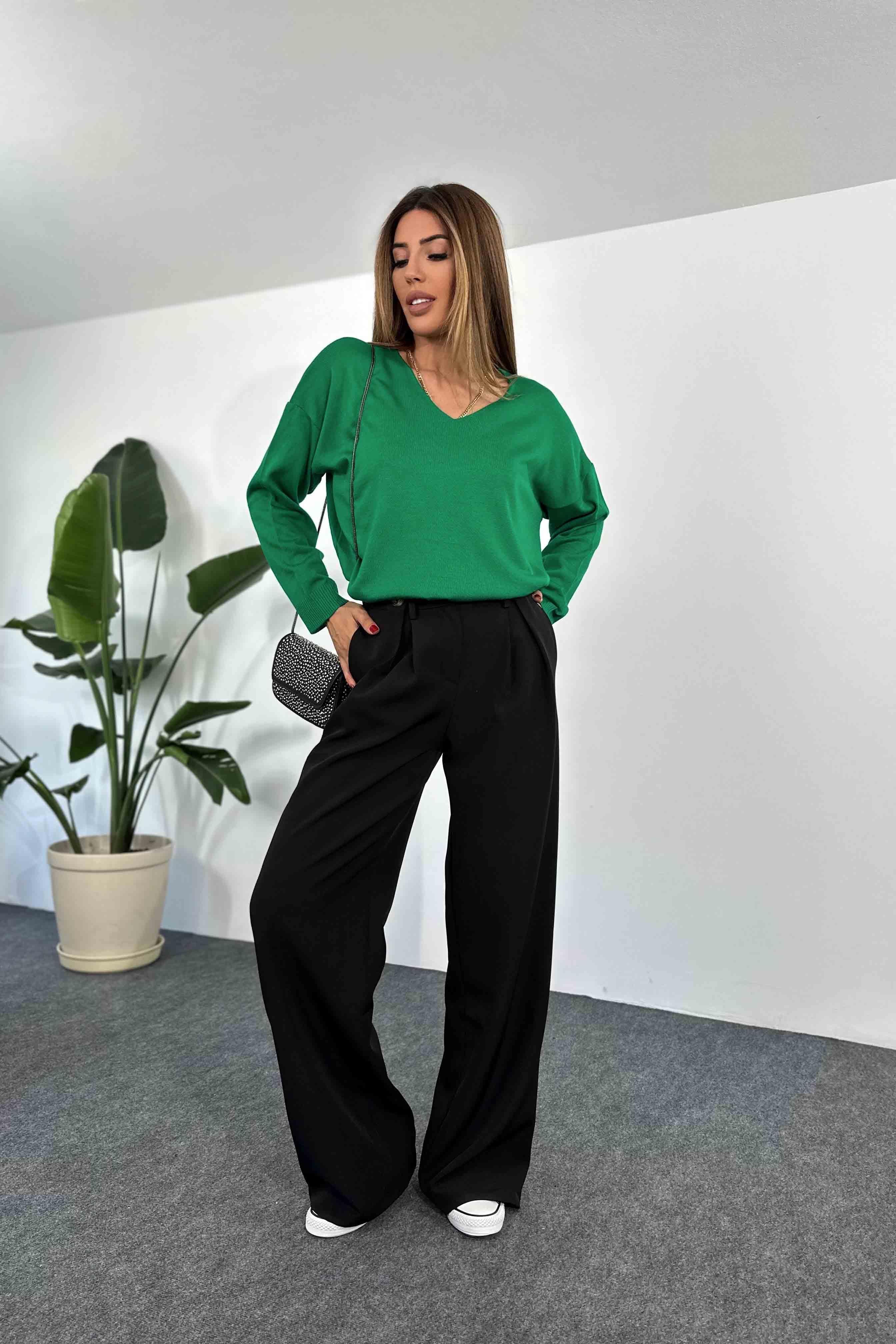 İnce Akrilik Örme Oversize Kadın Kazak Koyu Yeşil