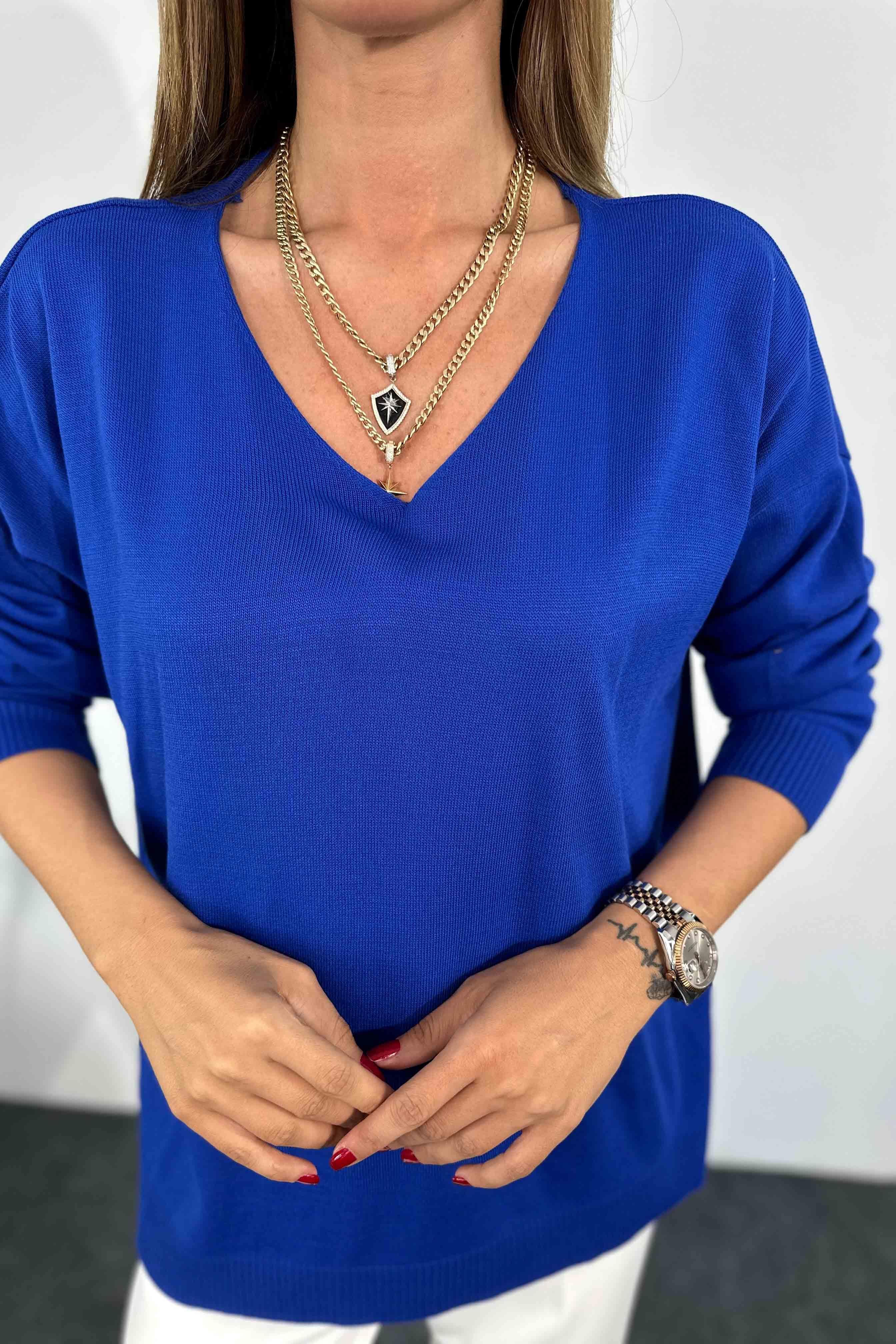 İnce Akrilik Örme Oversize Kadın Kazak SAKS MAVİ