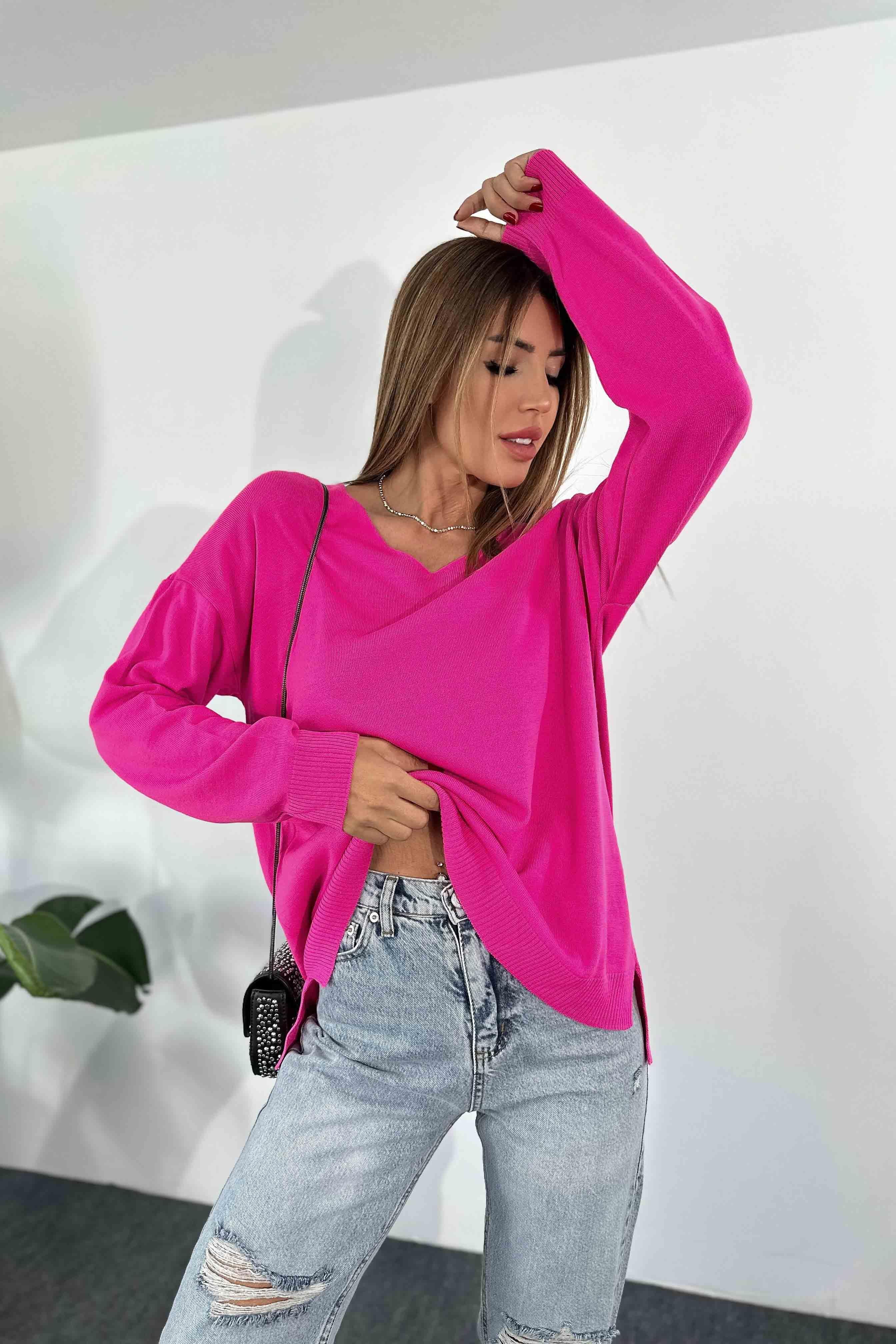 İnce Akrilik Örme Oversize Kadın Kazak Pembe
