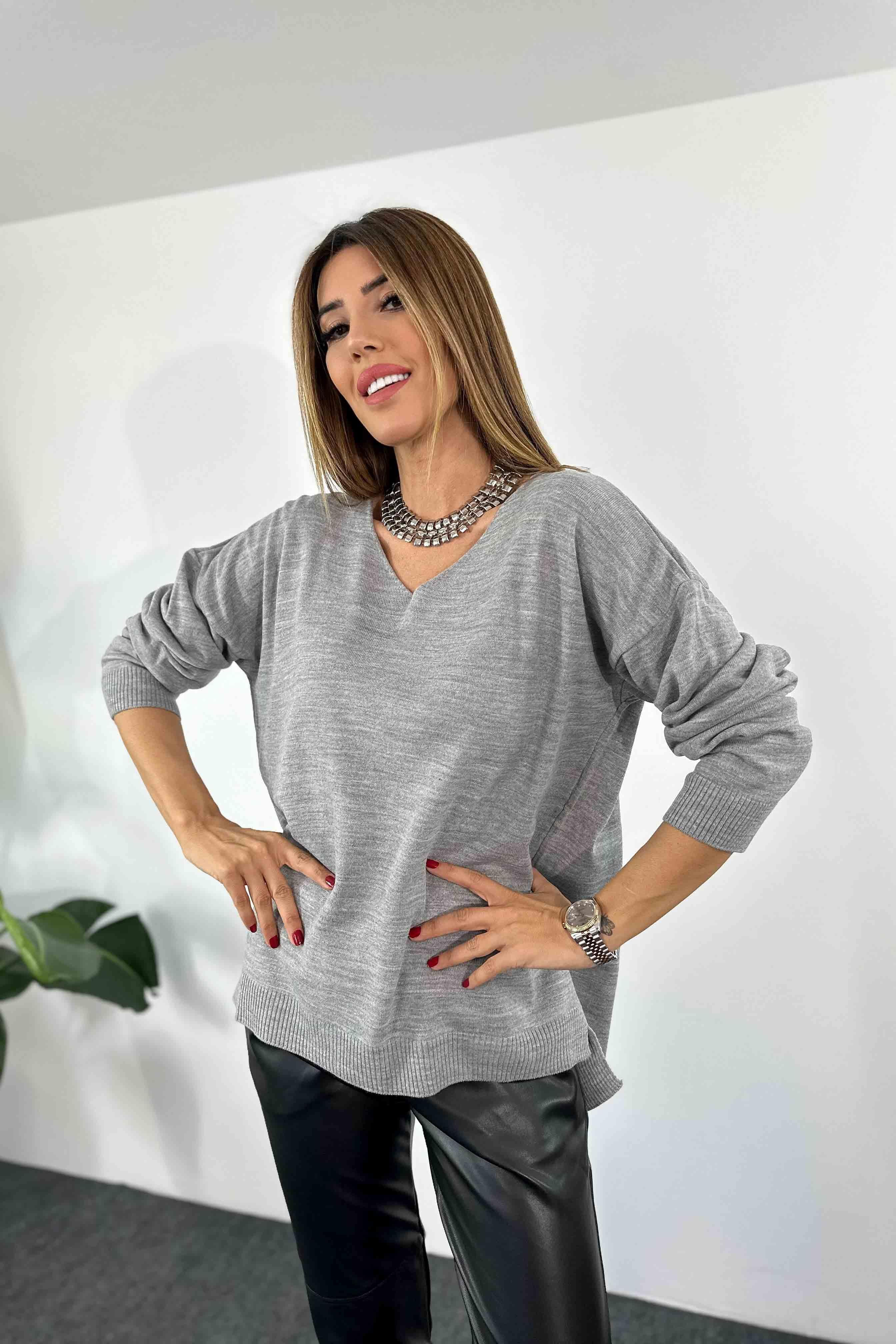 İnce Akrilik Örme Oversize Kadın Kazak Gri