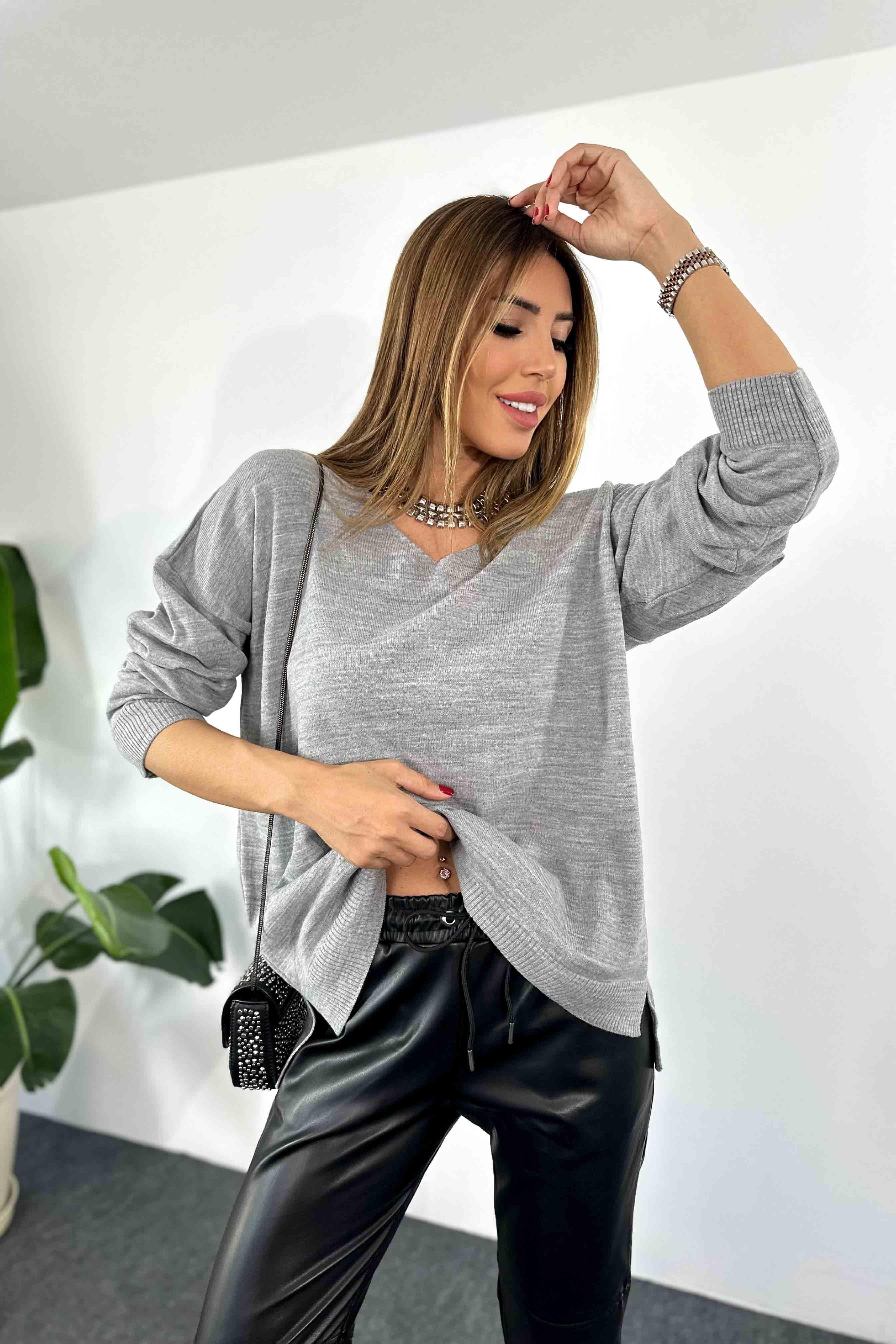 İnce Akrilik Örme Oversize Kadın Kazak Gri