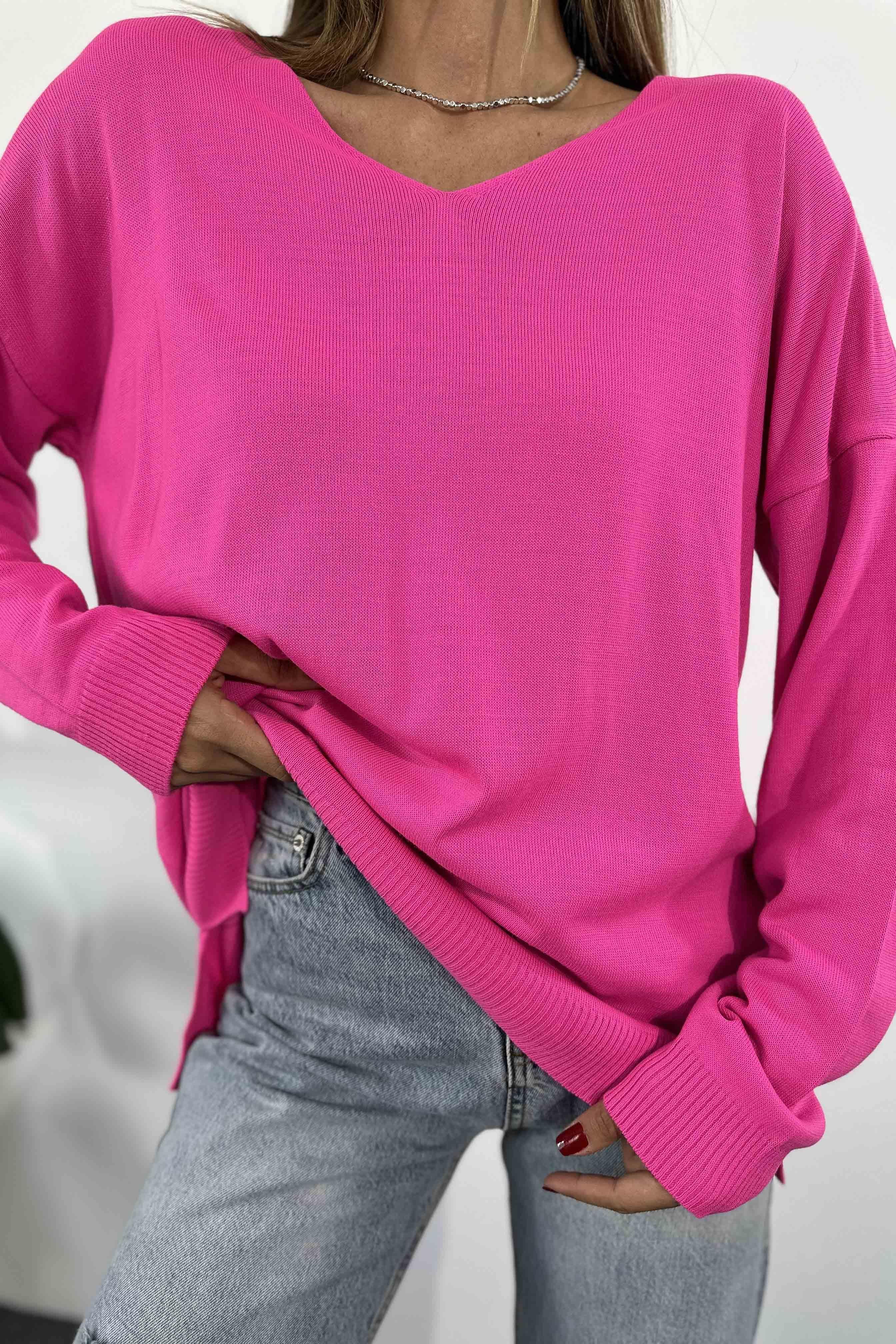 İnce Akrilik Örme Oversize Kadın Kazak Pembe
