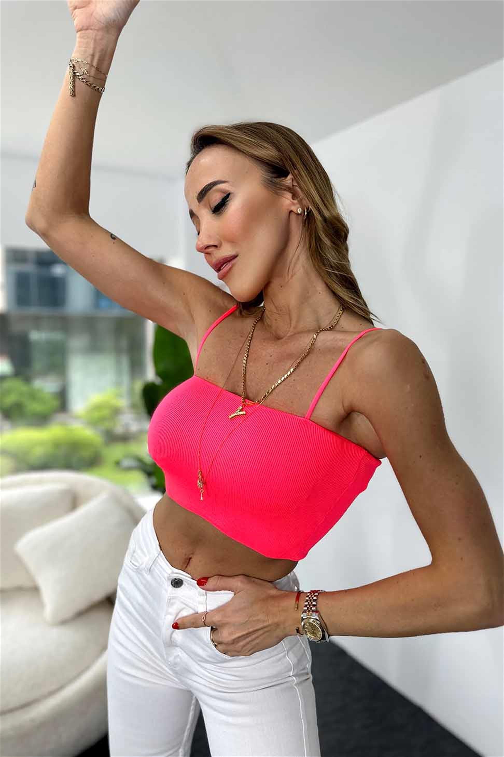 İnce Askılı Fitilli Crop Neon Pembe