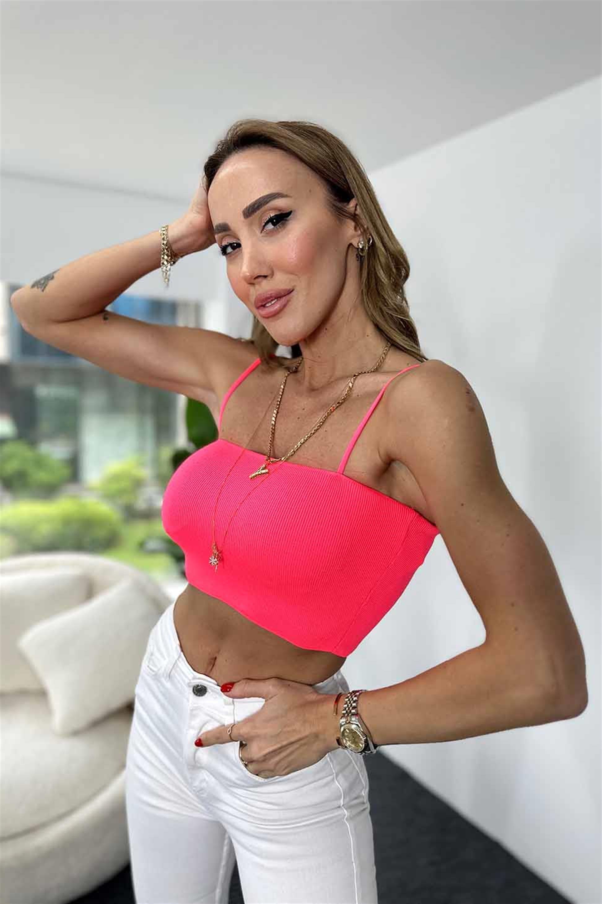 İnce Askılı Fitilli Crop Neon Pembe