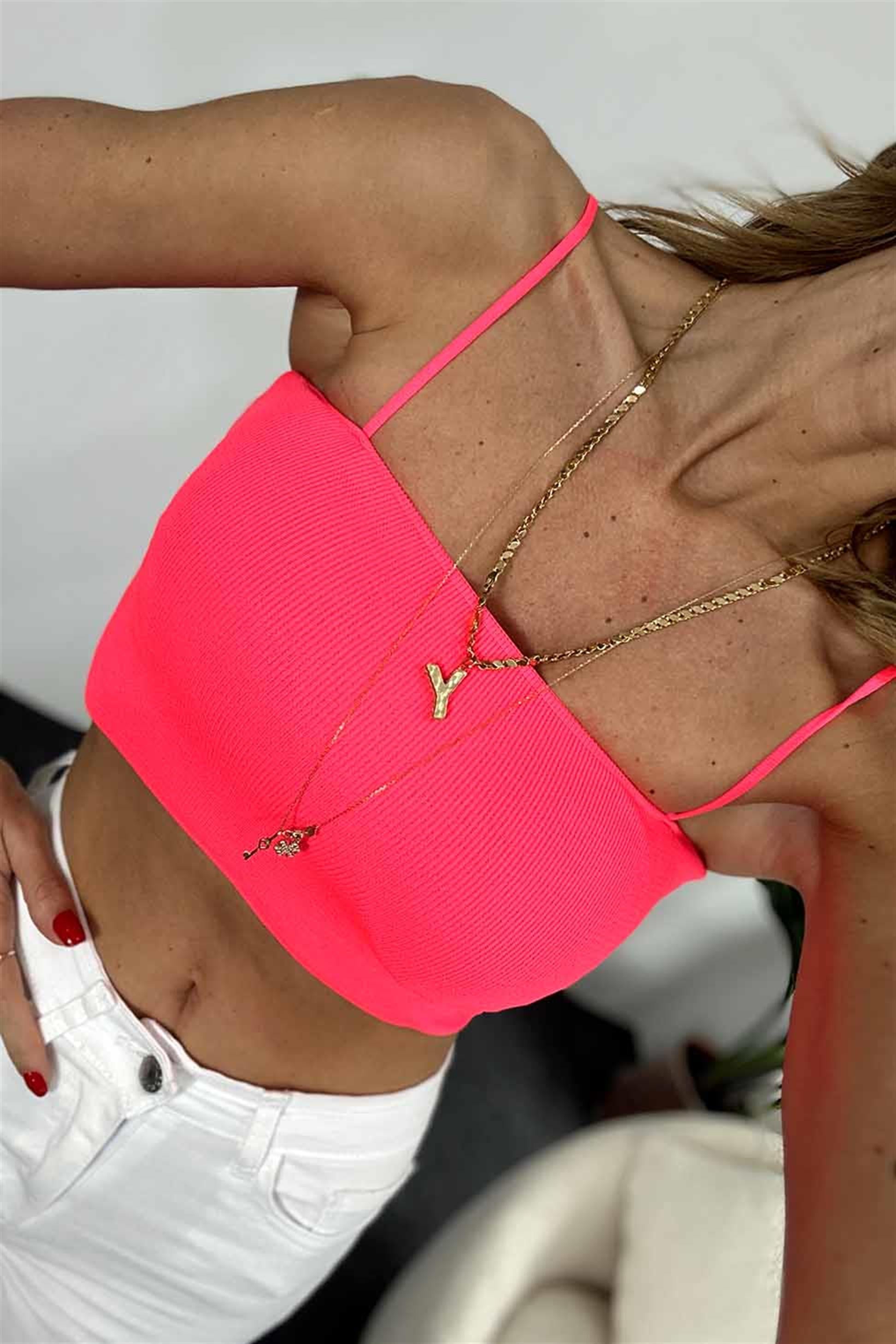 İnce Askılı Fitilli Crop Neon Pembe