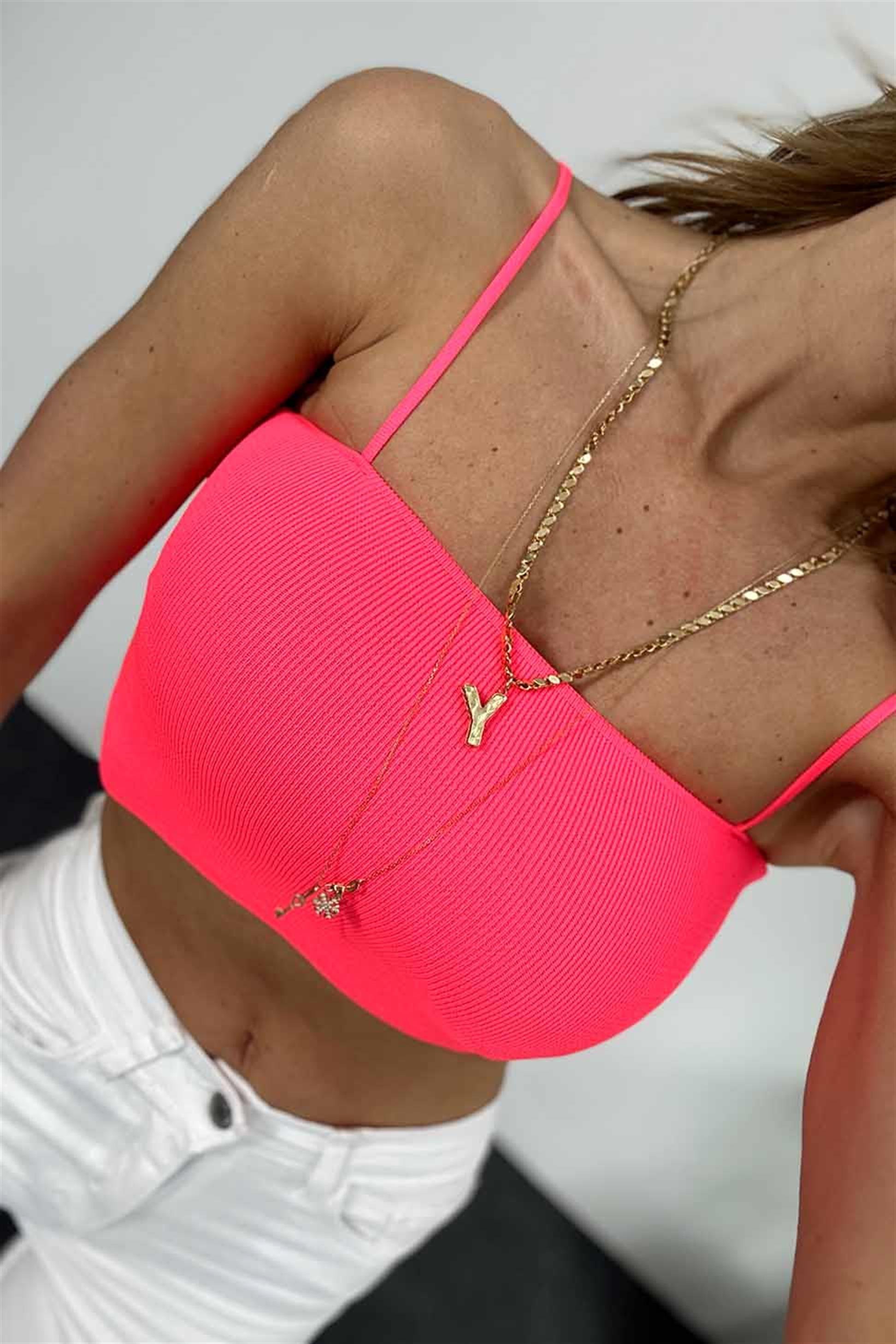 İnce Askılı Fitilli Crop Neon Pembe