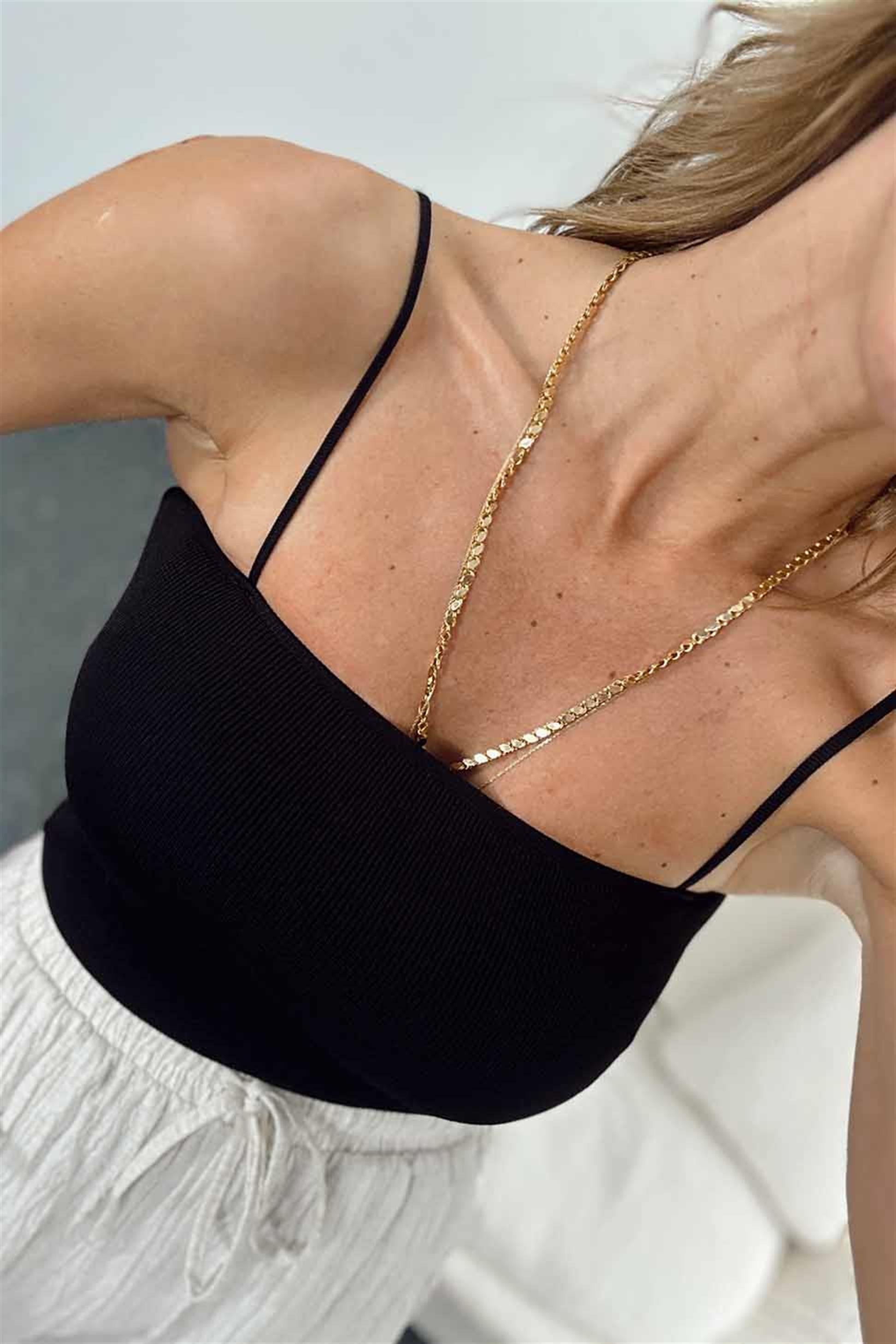 İnce Askılı Fitilli Crop Siyah