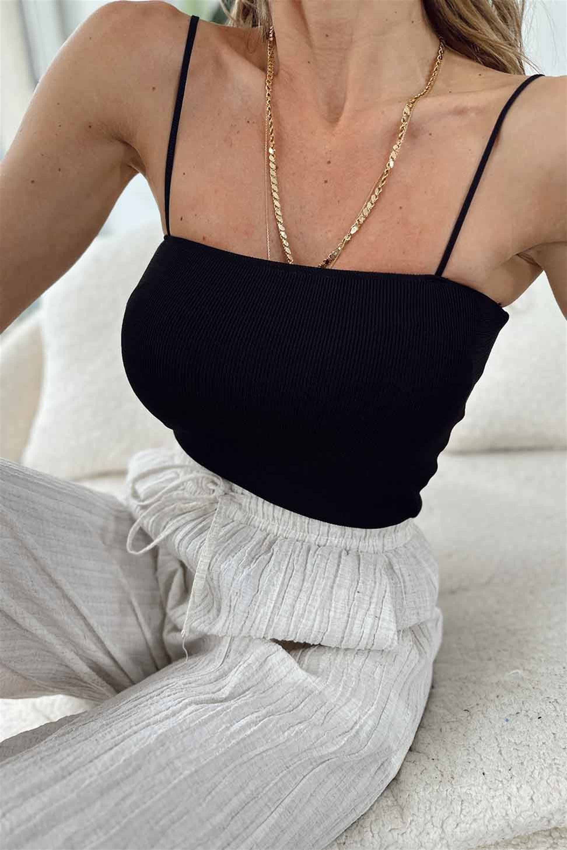 İnce Askılı Fitilli Crop Siyah