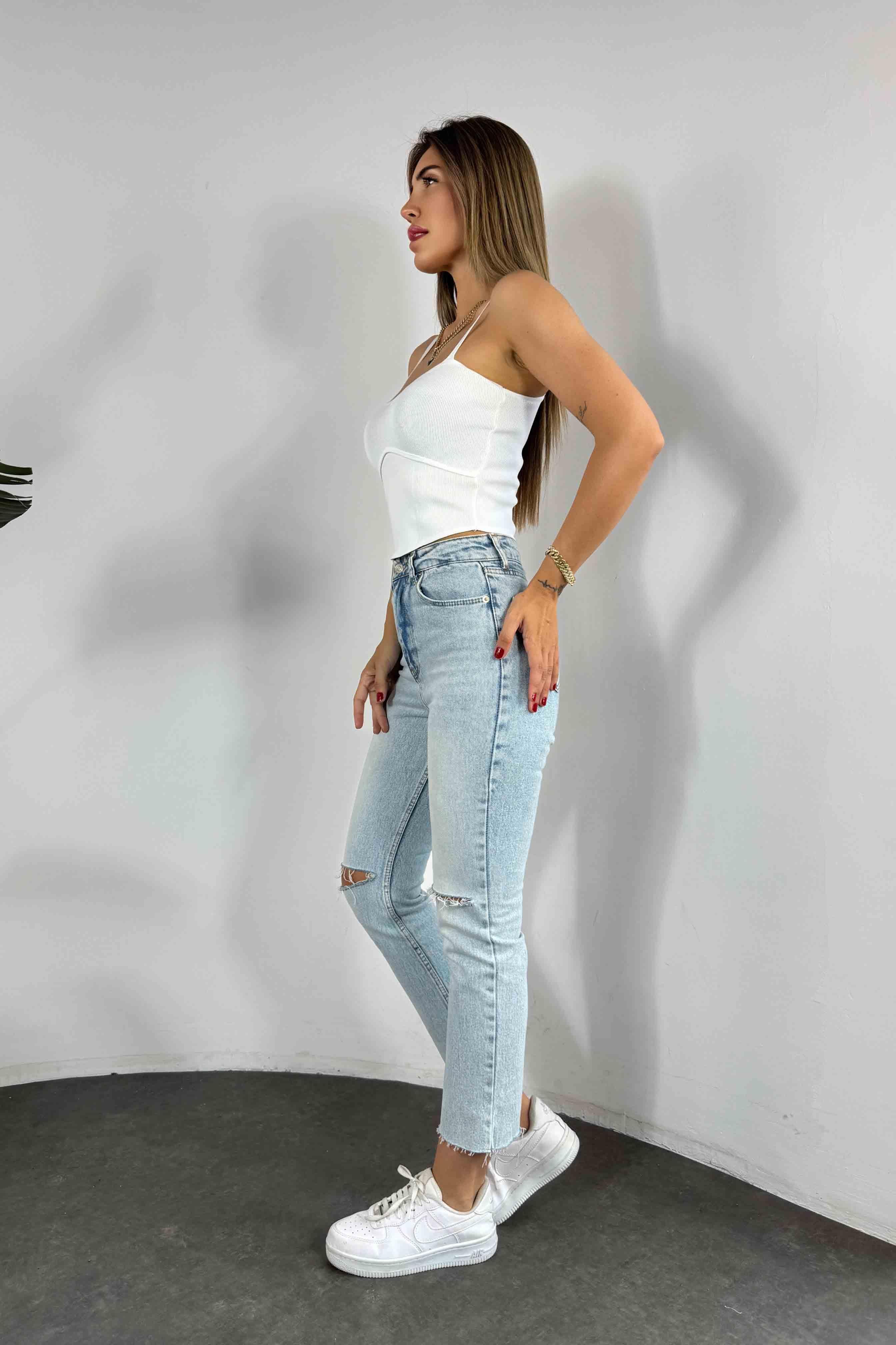 İnce Askılı Triko Bluz Beyaz