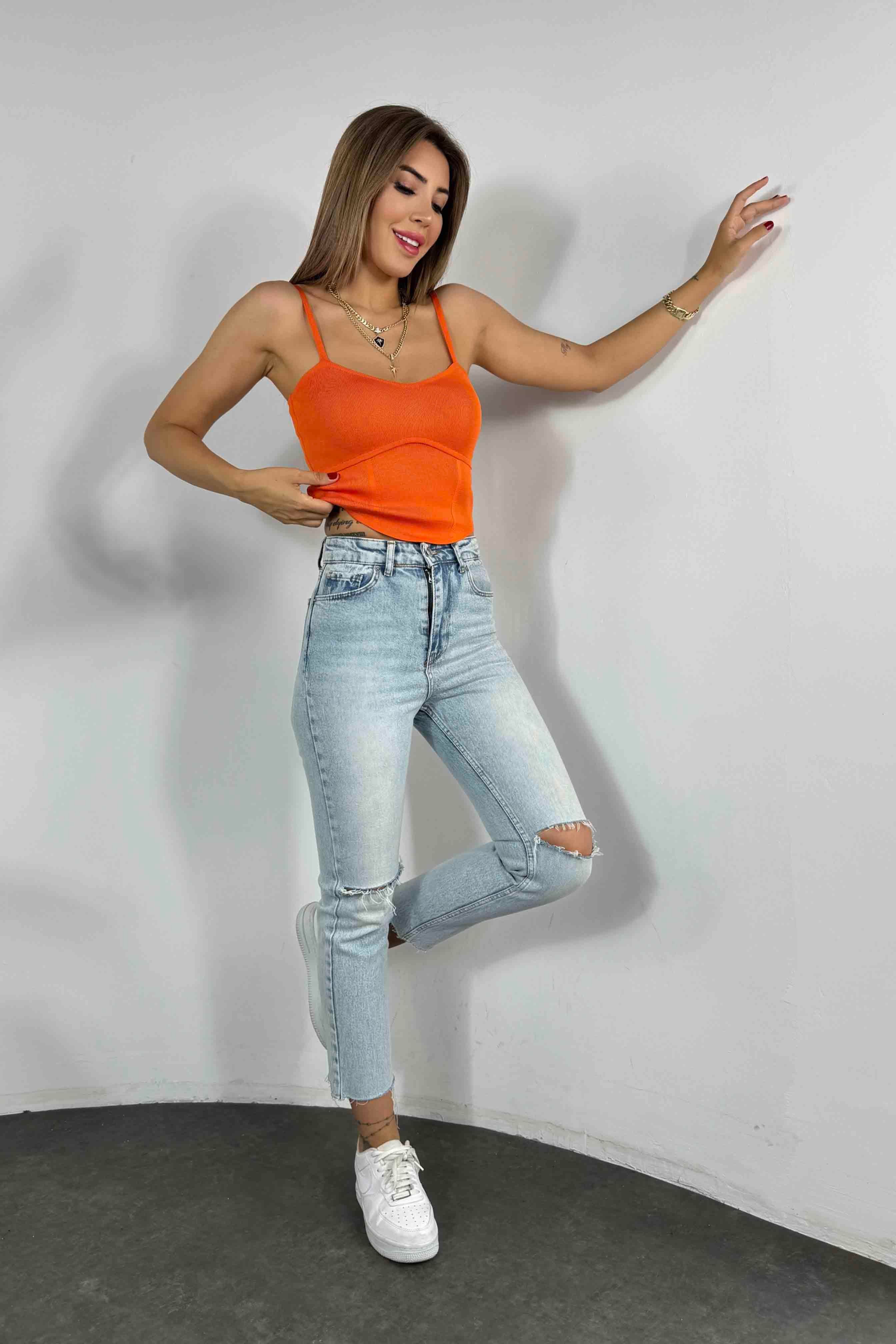 İnce Askılı Triko Bluz Turuncu